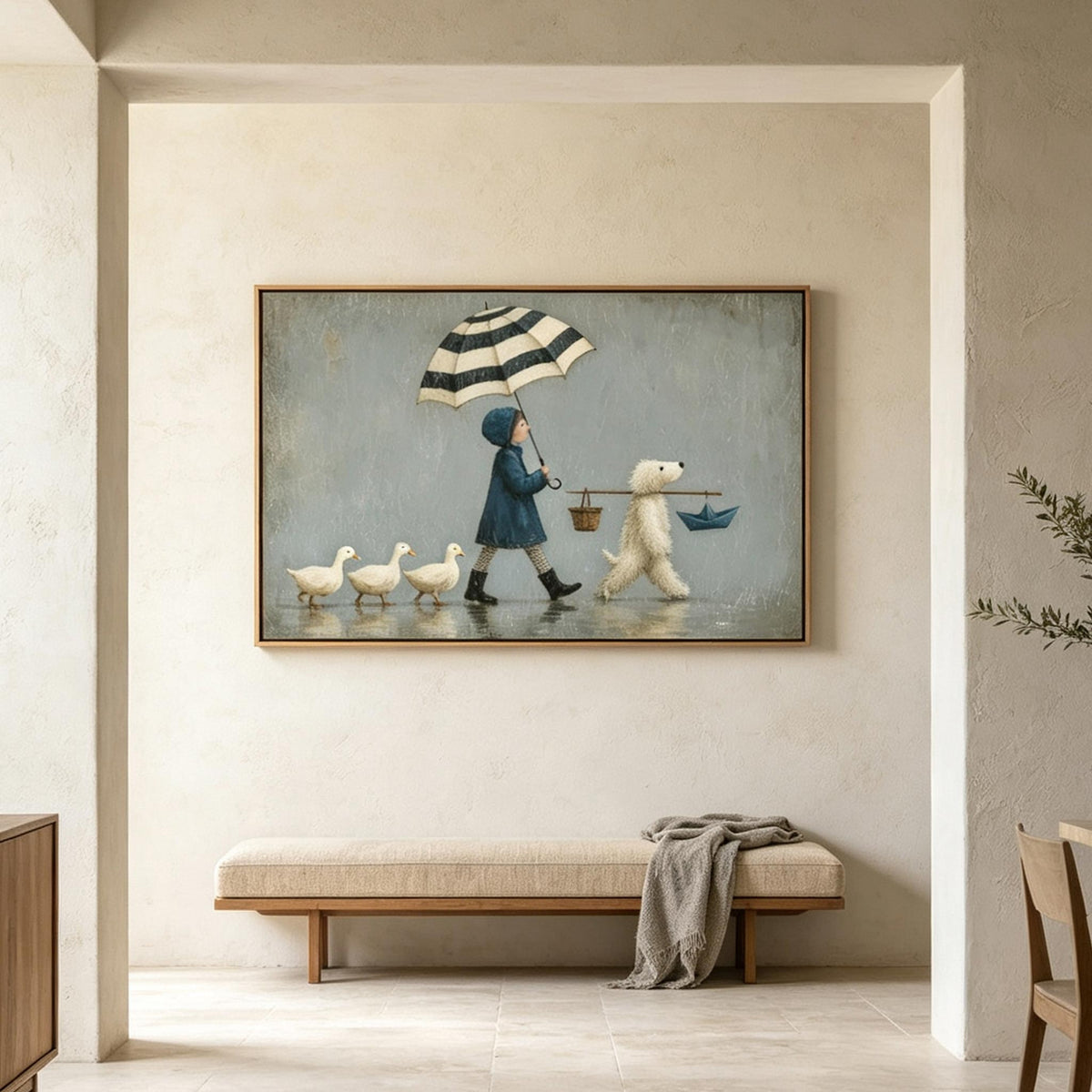 Rainy Day Parade – Whimsical Storybook Figurative Painting #UP002