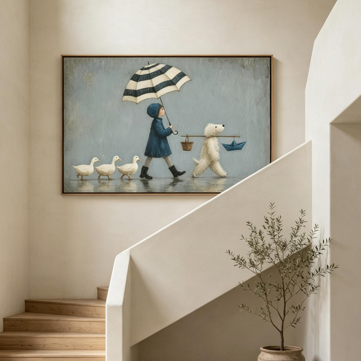 Rainy Day Parade – Whimsical Storybook Figurative Painting #UP002