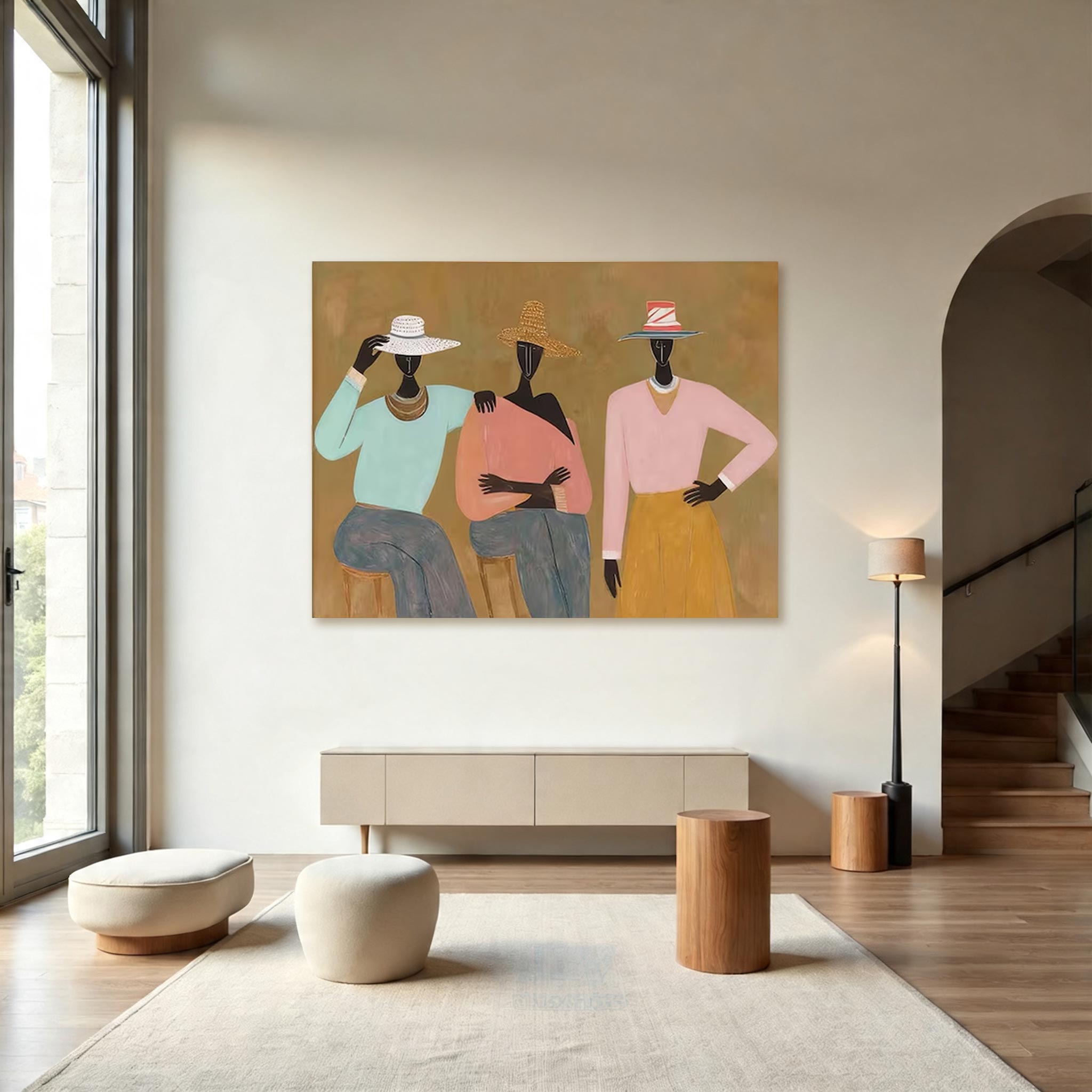 Three Women with Hats Canvas Painting — Original Figurative Art #CP034