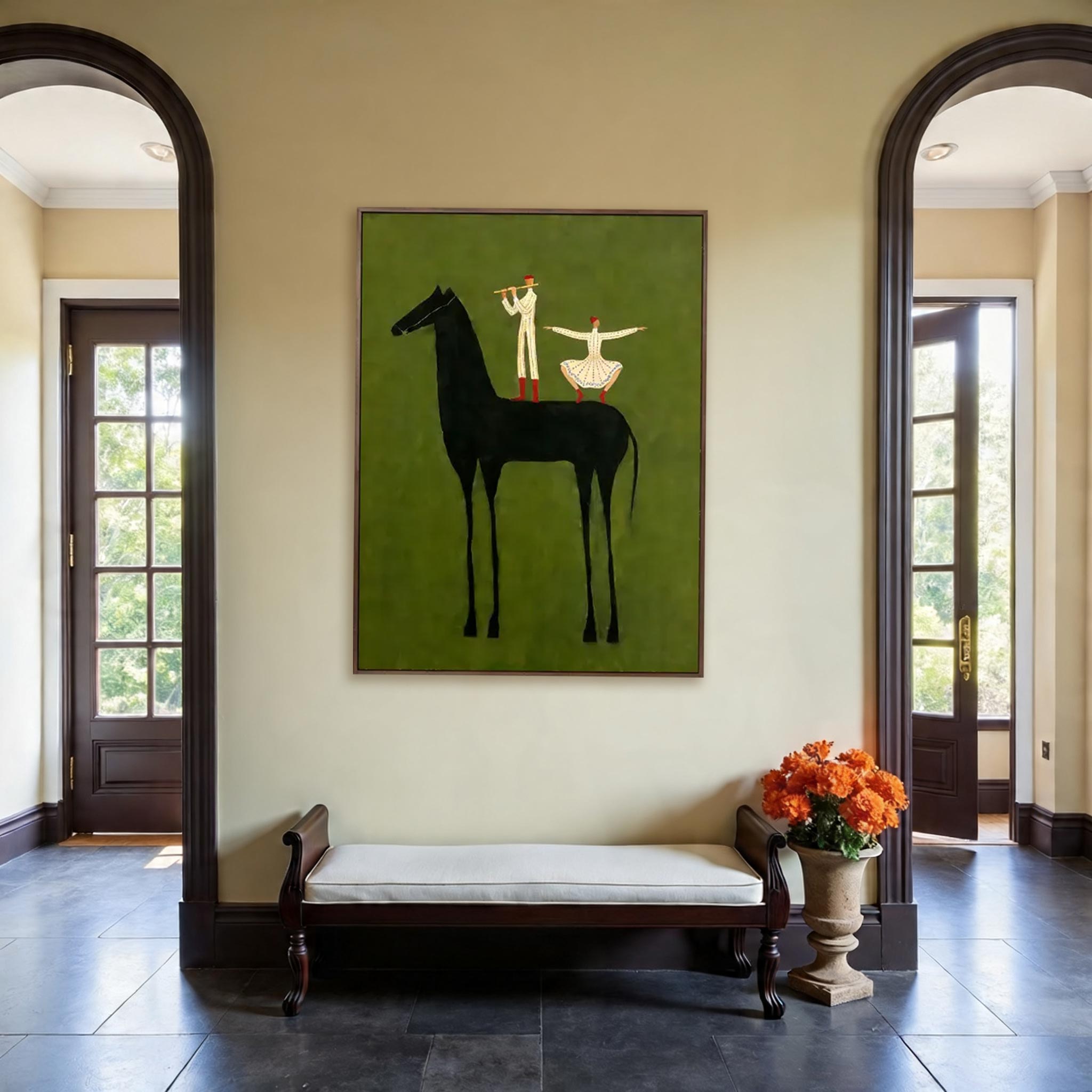 Minimalist Black Horse Wall Art – Artistic Equestrian Canvas with Dancing Figures #HA022