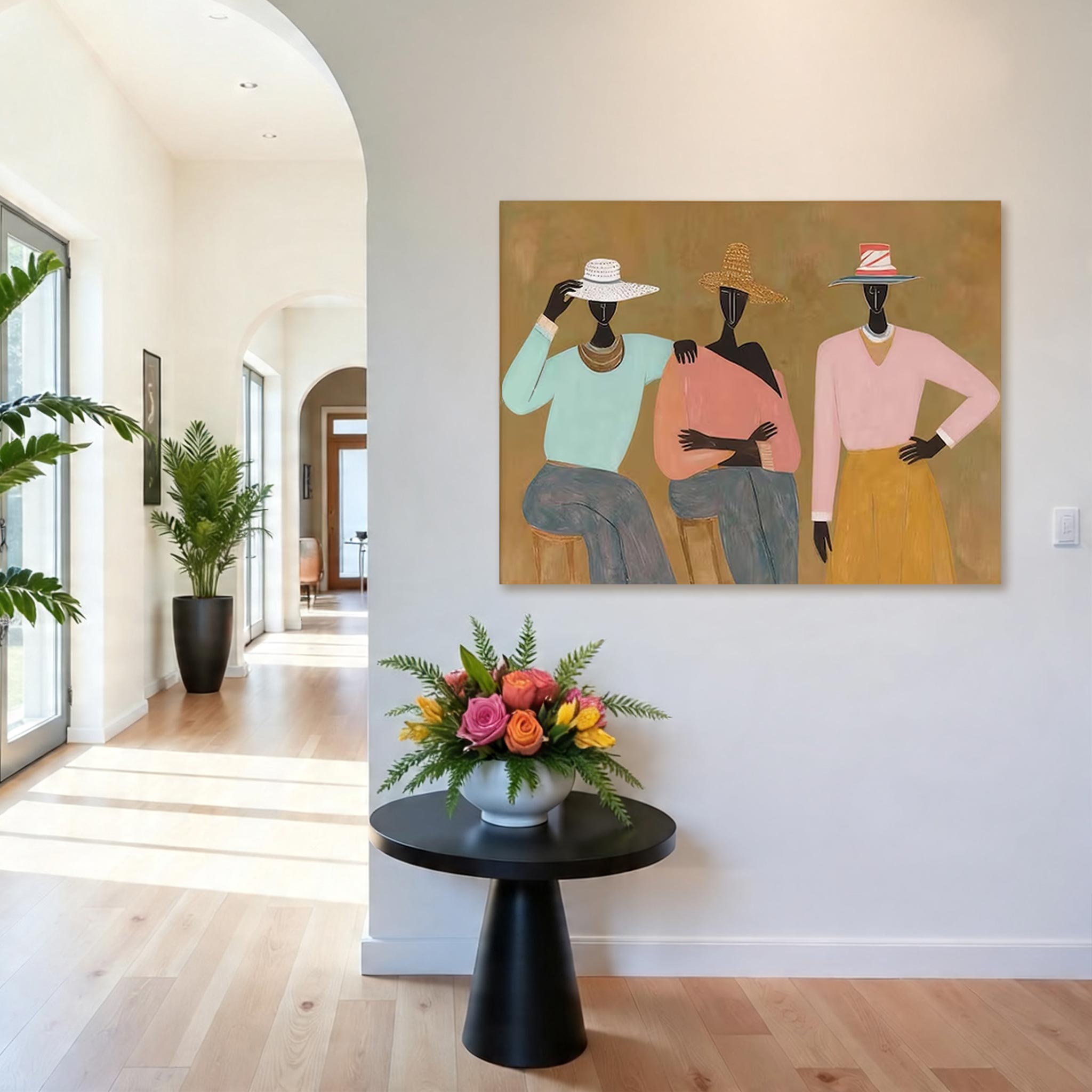 Three Women with Hats Canvas Painting — Original Figurative Art #CP034