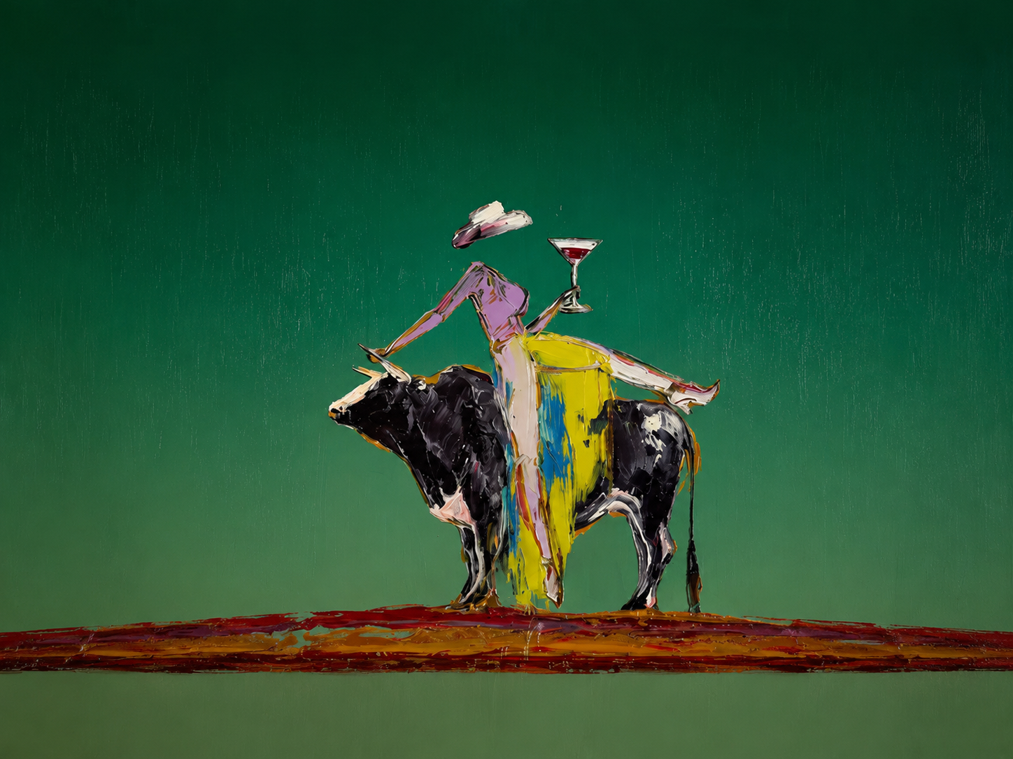 One Martini — Woman, Bull & Cocktail Canvas Wall Art on Green #GT011