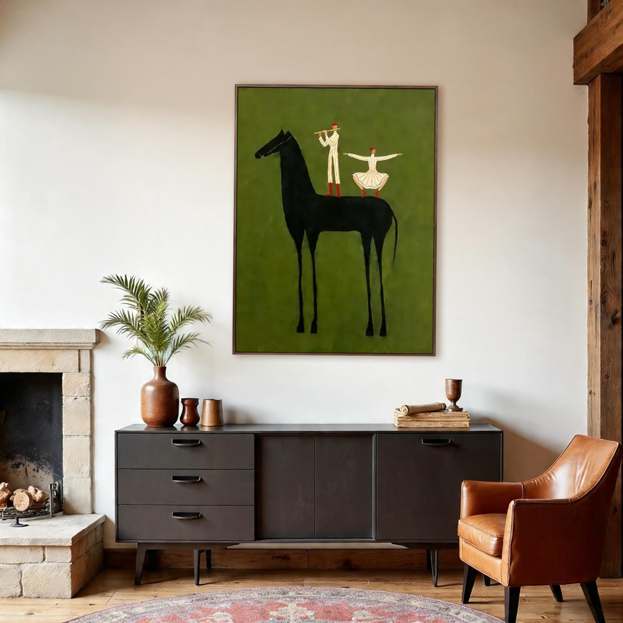 Minimalist Black Horse Wall Art – Artistic Equestrian Canvas with Dancing Figures #HA022