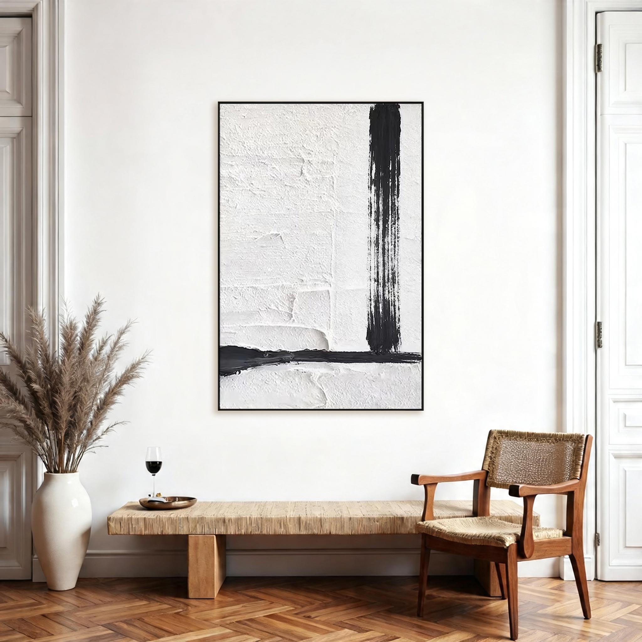 Black & White Minimalist Textured Canvas Painting — Original Large Abstract Wall Art #CP038