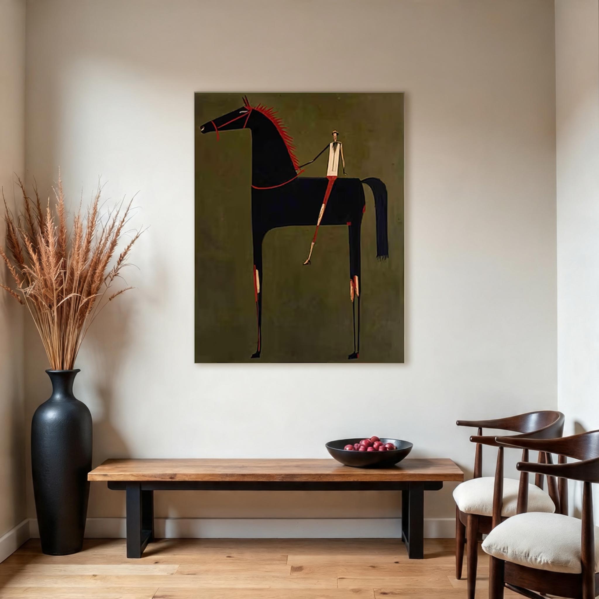 Minimalist Black Horse Wall Art – Modern Equestrian Canvas Painting with Red Accents #HA021