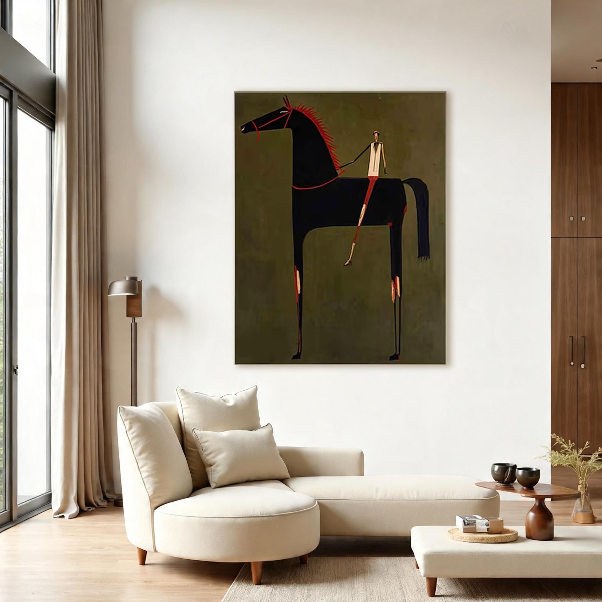 Minimalist Black Horse Wall Art – Modern Equestrian Canvas Painting with Red Accents #HA021