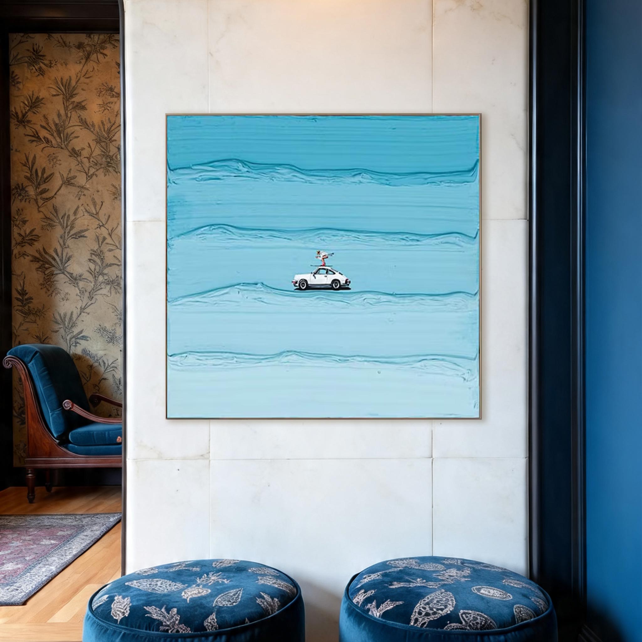 Open Road Textured Canvas Wall Art — Minimalist Car Painting on Sky Blue #PP004
