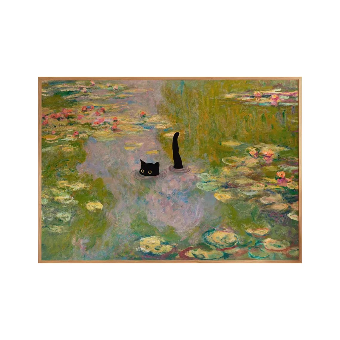 Black Cat in Water Lily Pond Wall Art #AN001