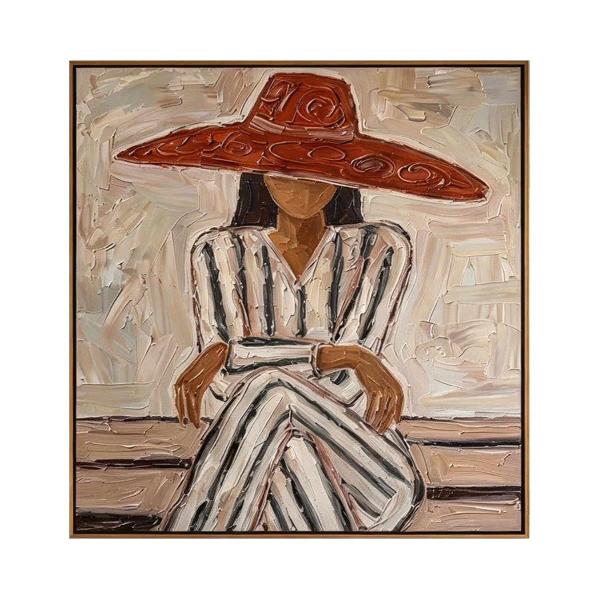 Red Hat Lady Textured Oil Painting | Neutral Fashion Wall Art #CA011