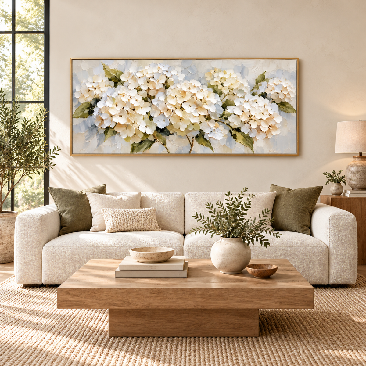 Hydrangea Bloom – Textured Impasto Floral Painting | Soft White Living Room Wall Art #CP084