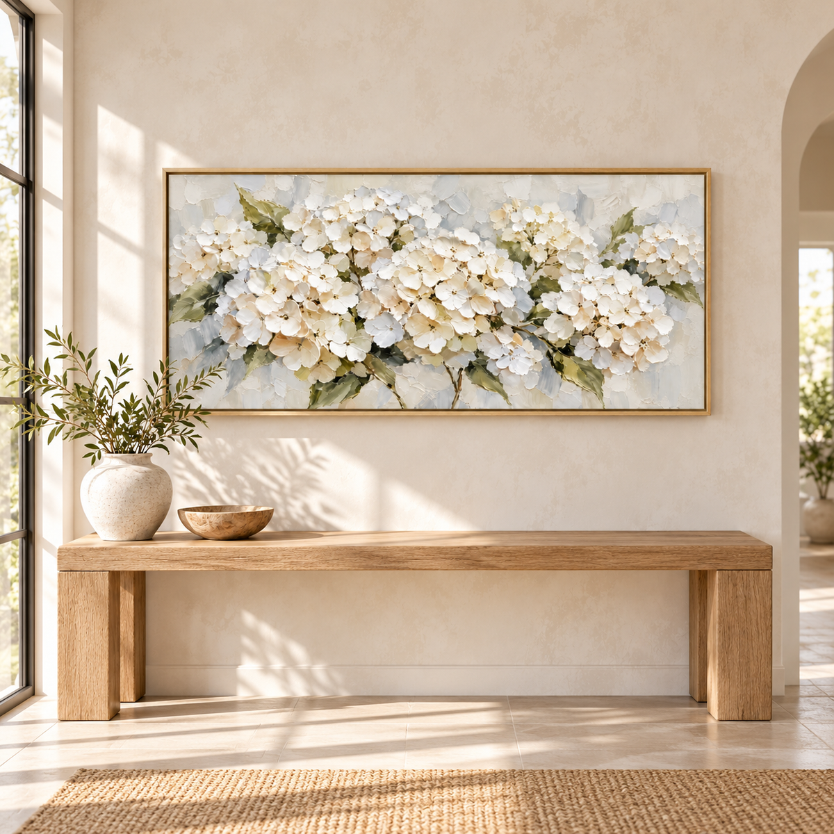 Hydrangea Bloom – Textured Impasto Floral Painting | Soft White Living Room Wall Art #CP084