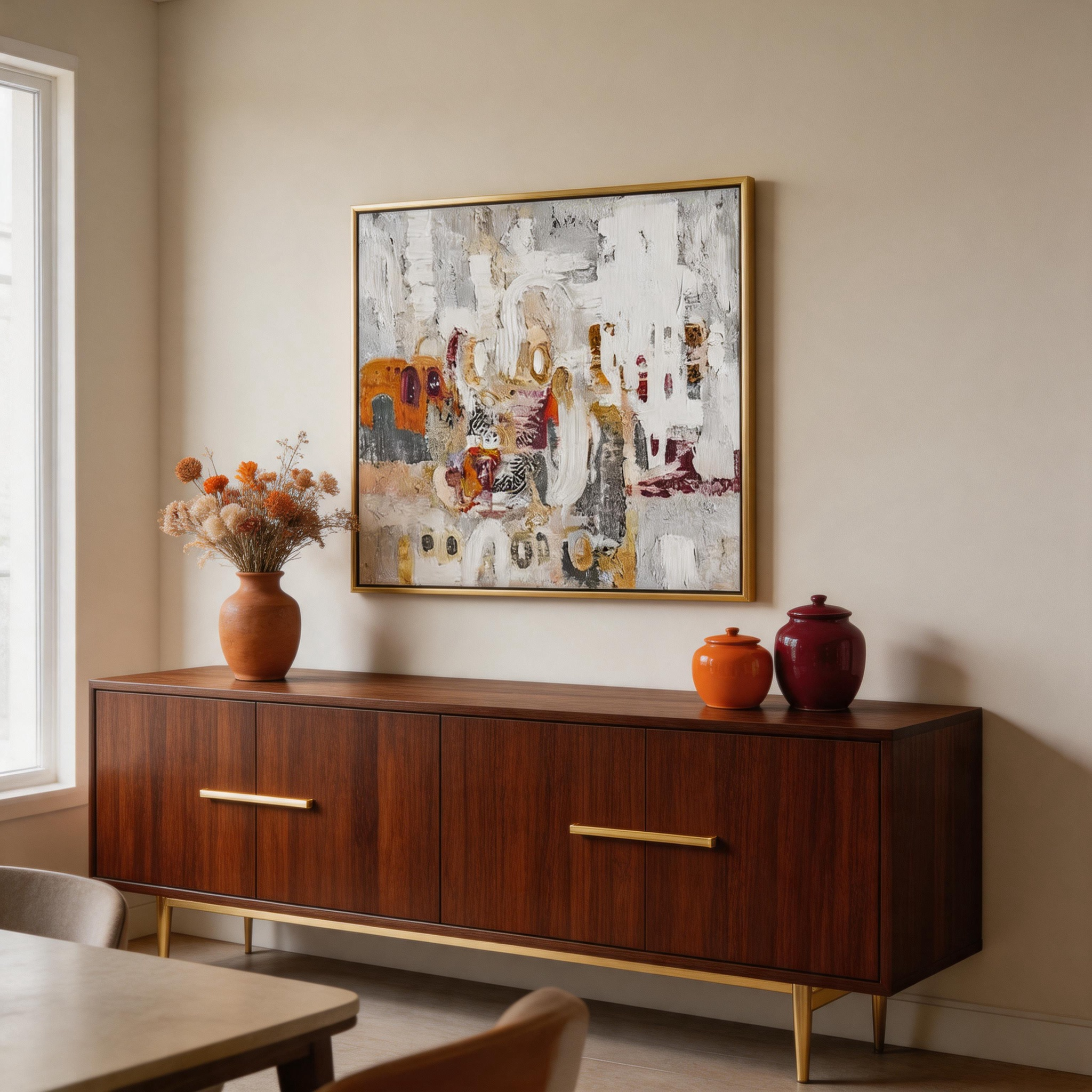 Warm Chaos — Abstract Impasto Canvas Wall Art in White, Gold & Burnt Orange #GT008