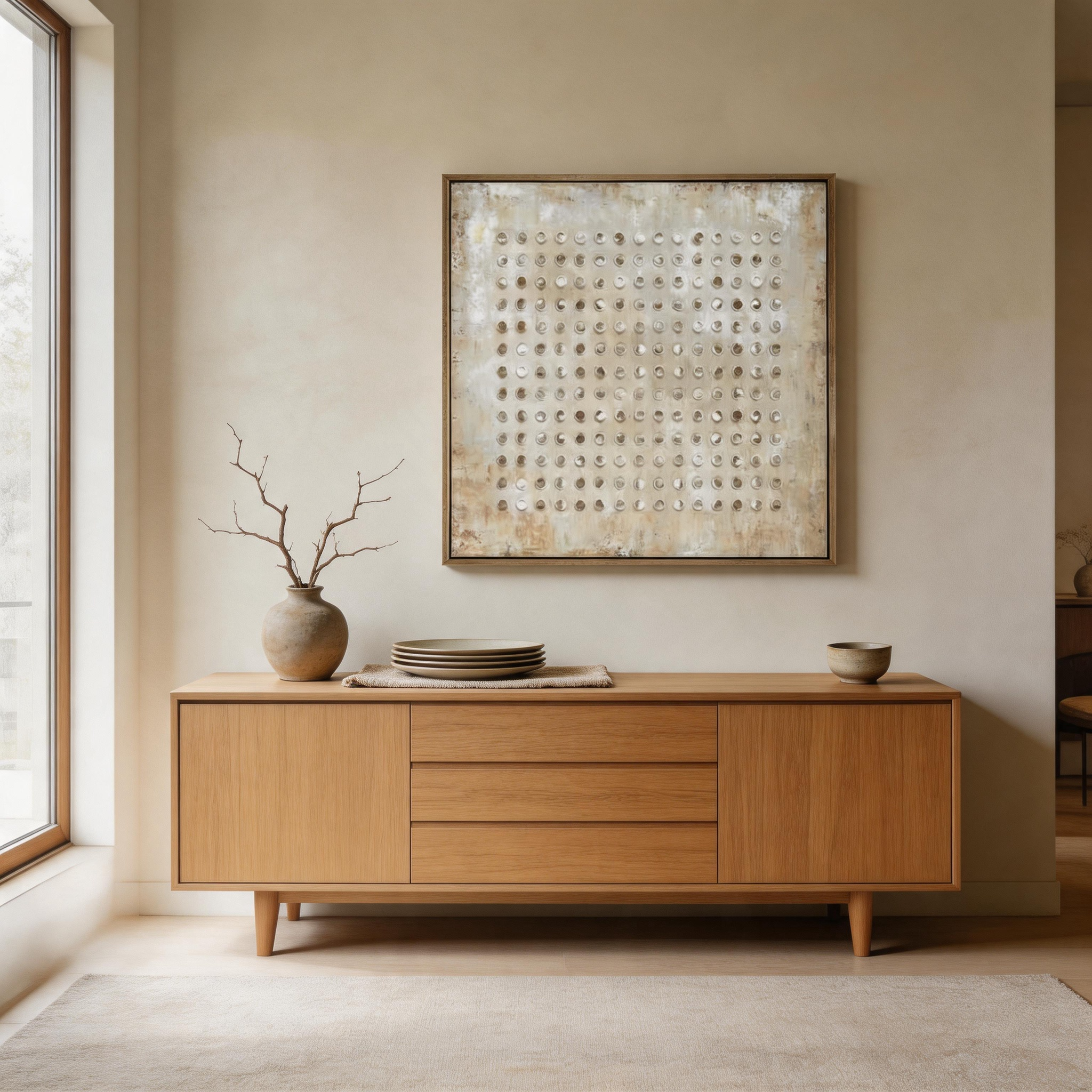 One Hundred Circles — Ivory Dot Grid Impasto Canvas Wall Art #GT009