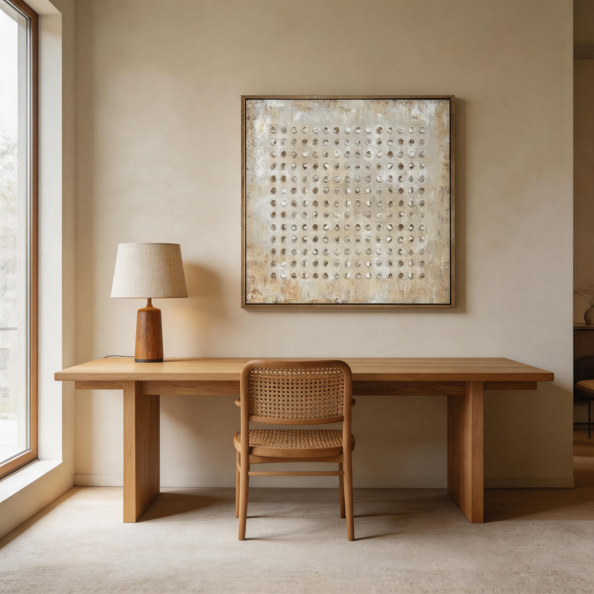 One Hundred Circles — Ivory Dot Grid Impasto Canvas Wall Art #GT009