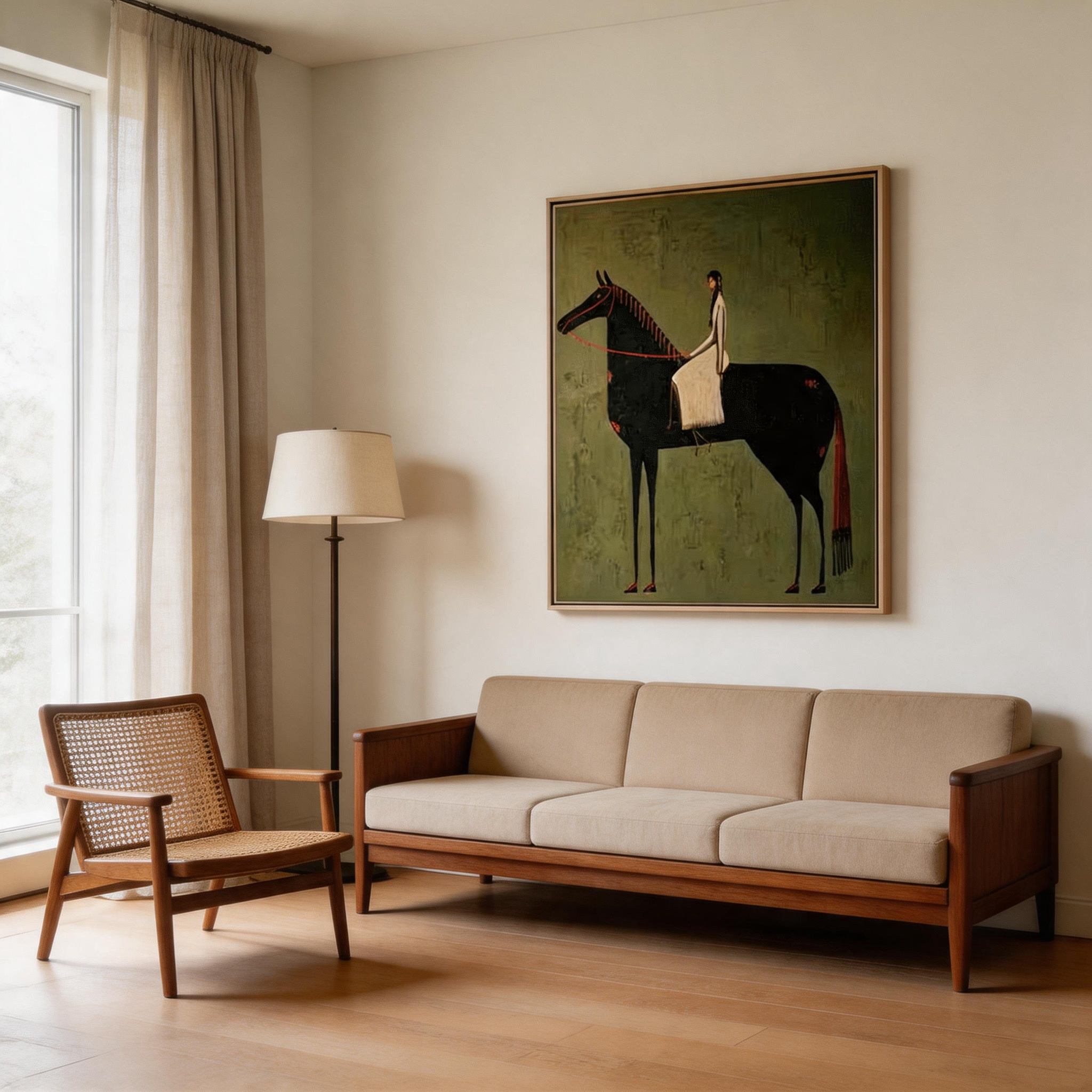 She Rides at Dusk — Abstract Equestrian Woman & Black Horse Canvas Wall Art #HA028