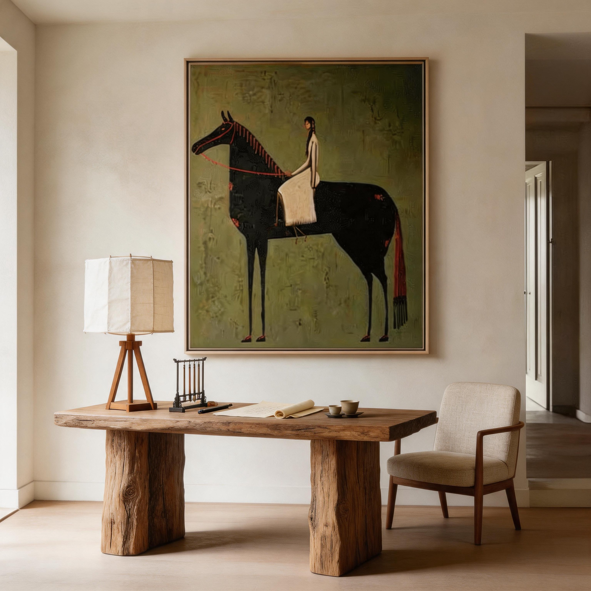 She Rides at Dusk — Abstract Equestrian Woman & Black Horse Canvas Wall Art #HA028