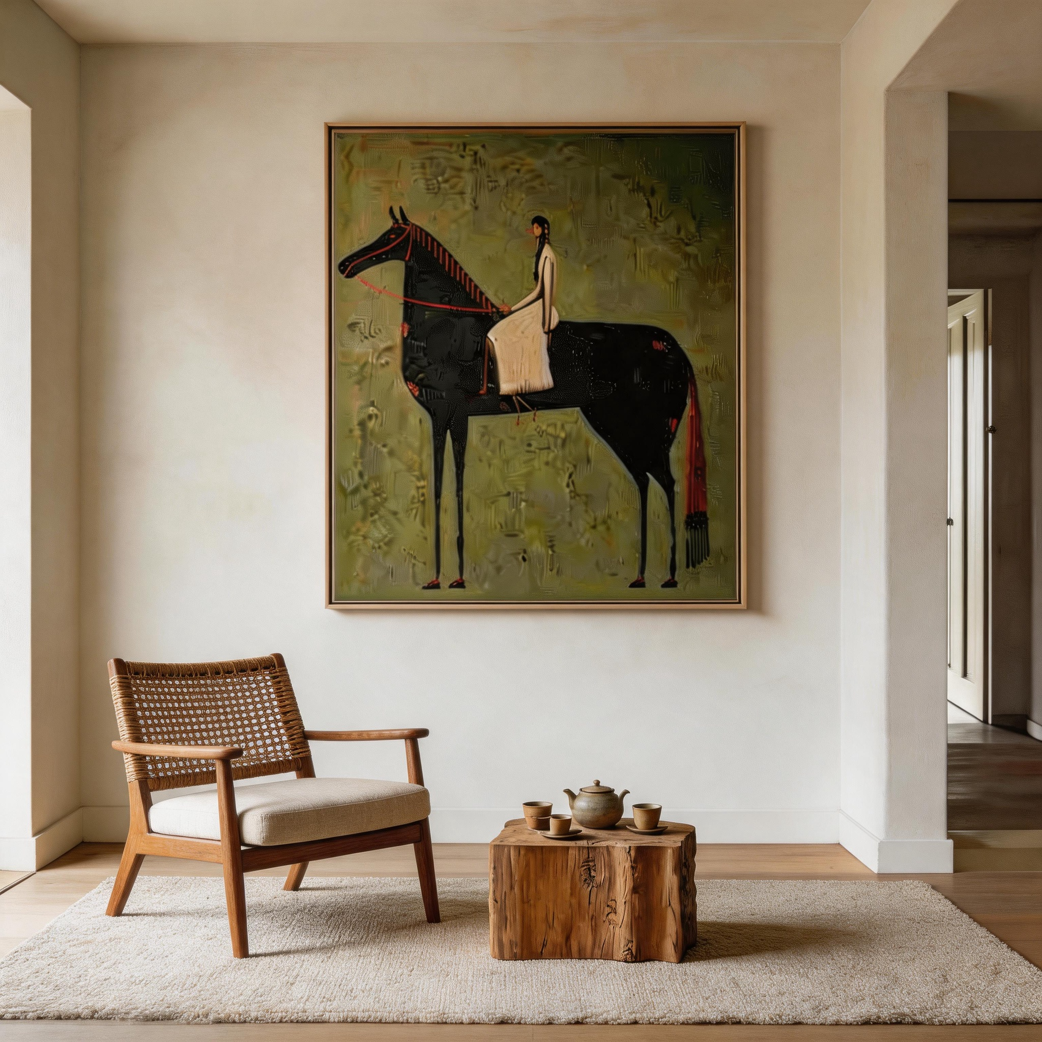 She Rides at Dusk — Abstract Equestrian Woman & Black Horse Canvas Wall Art #HA028