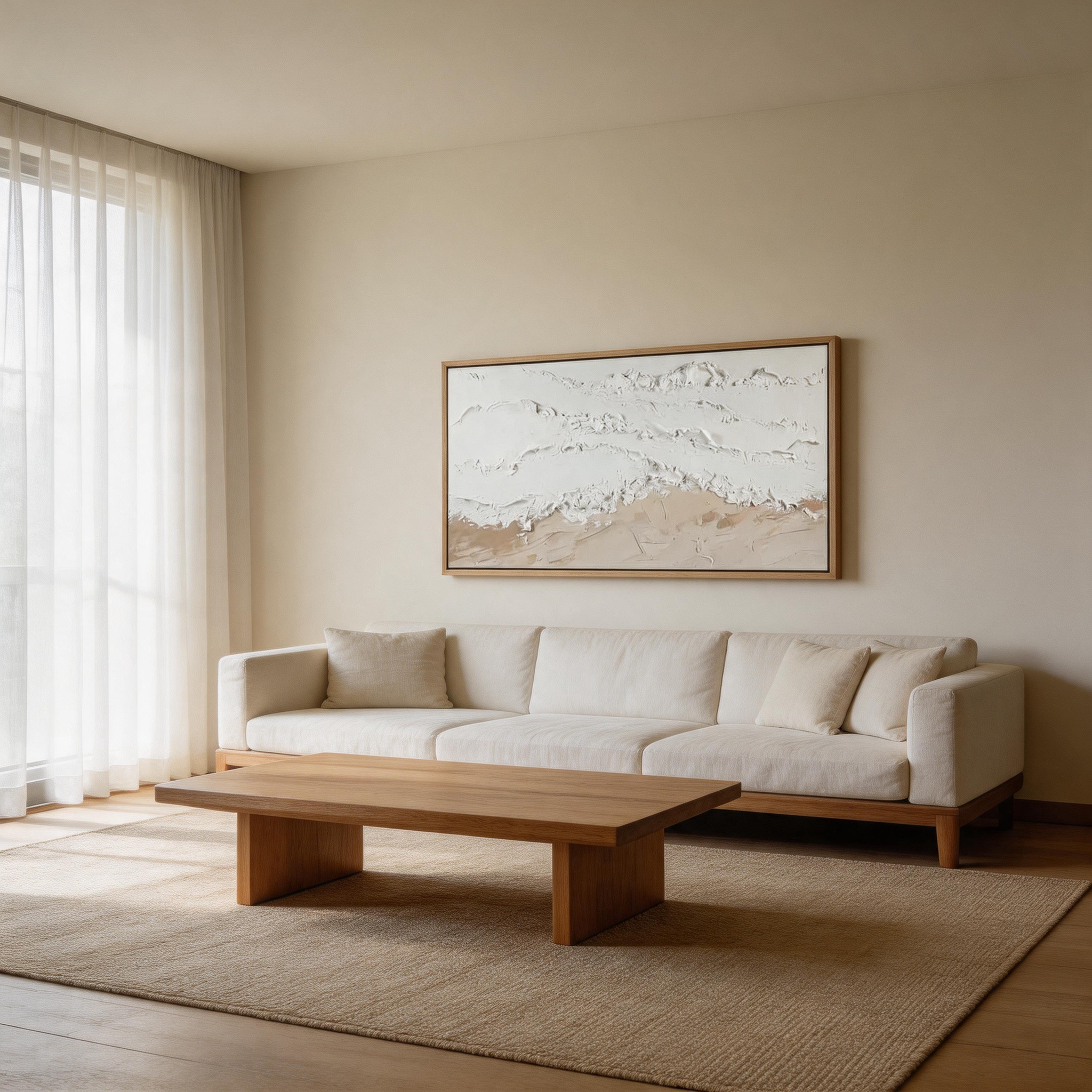 The Dunes — White & Sand Impasto Panoramic Canvas Wall Art Above Sofa #WT010