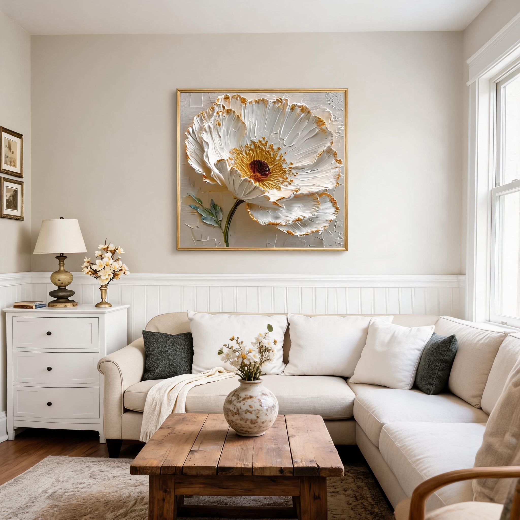 Textured Ivory Poppy Wall Art #FL017