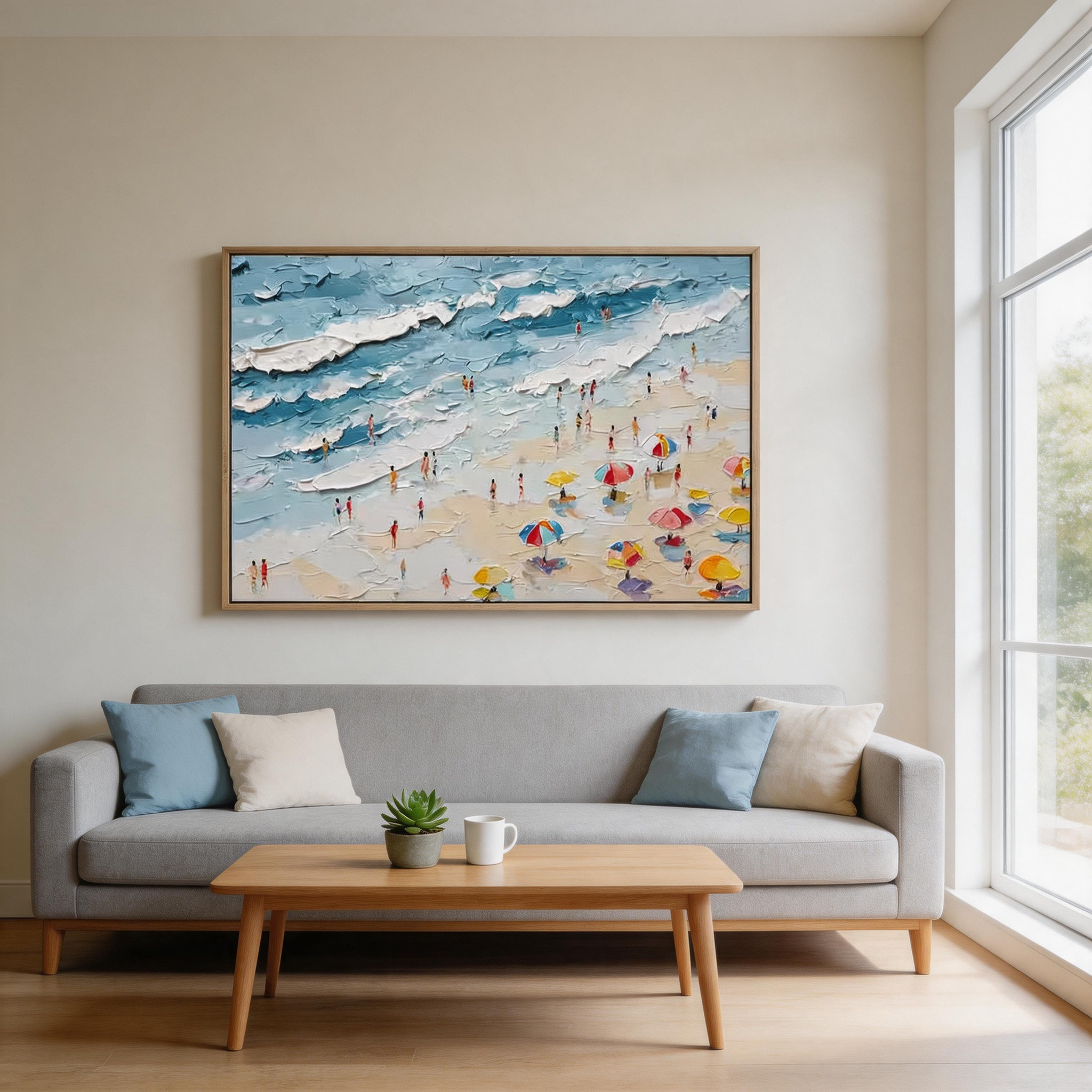 High Tide — Bold Impasto Beach Scene Canvas Wall Art with Figures & Umbrellas #CP050