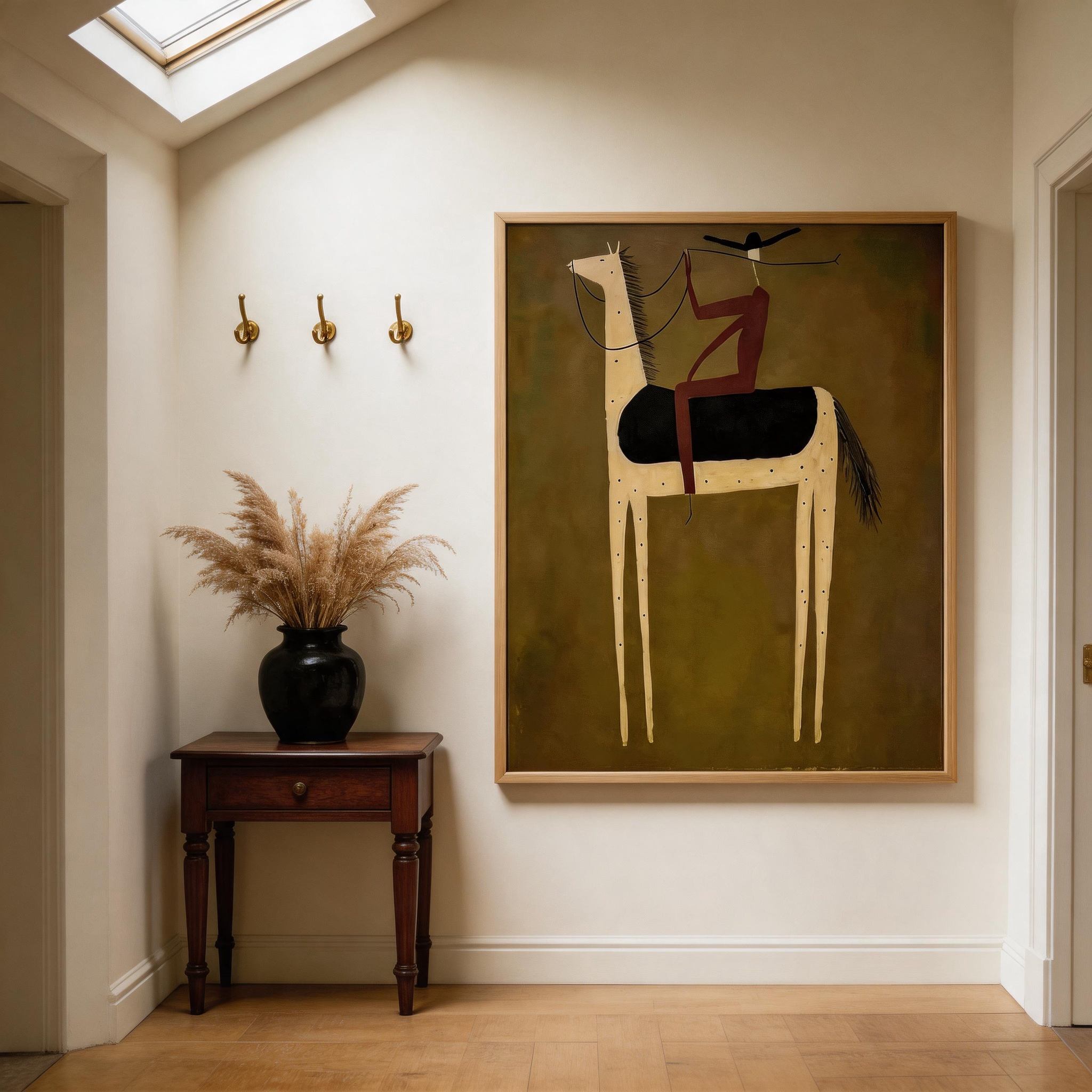 The Acrobat — Folk Art Equestrian Canvas Wall Art on Dark Olive Green #HA034