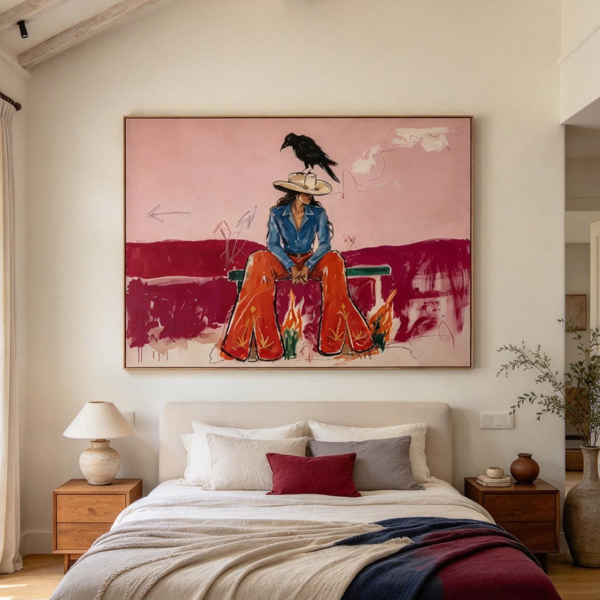Pink Cowgirl & Crow Western Oil Painting #CA013
