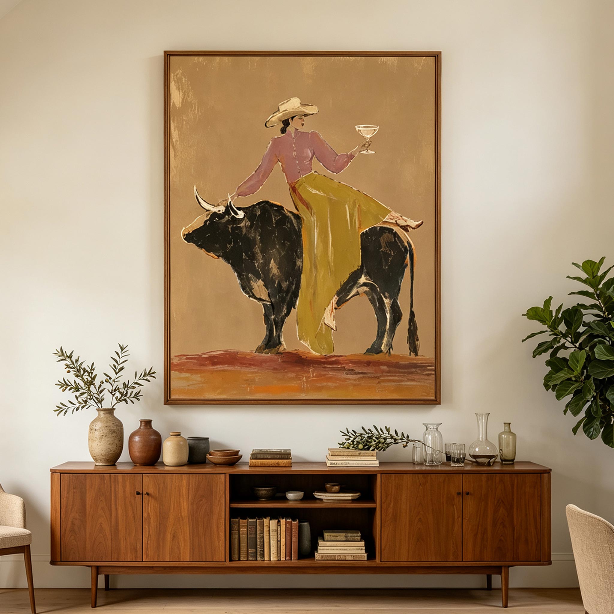 A Toast Atop the Bull – Whimsical Vintage Figurative Painting #CP076