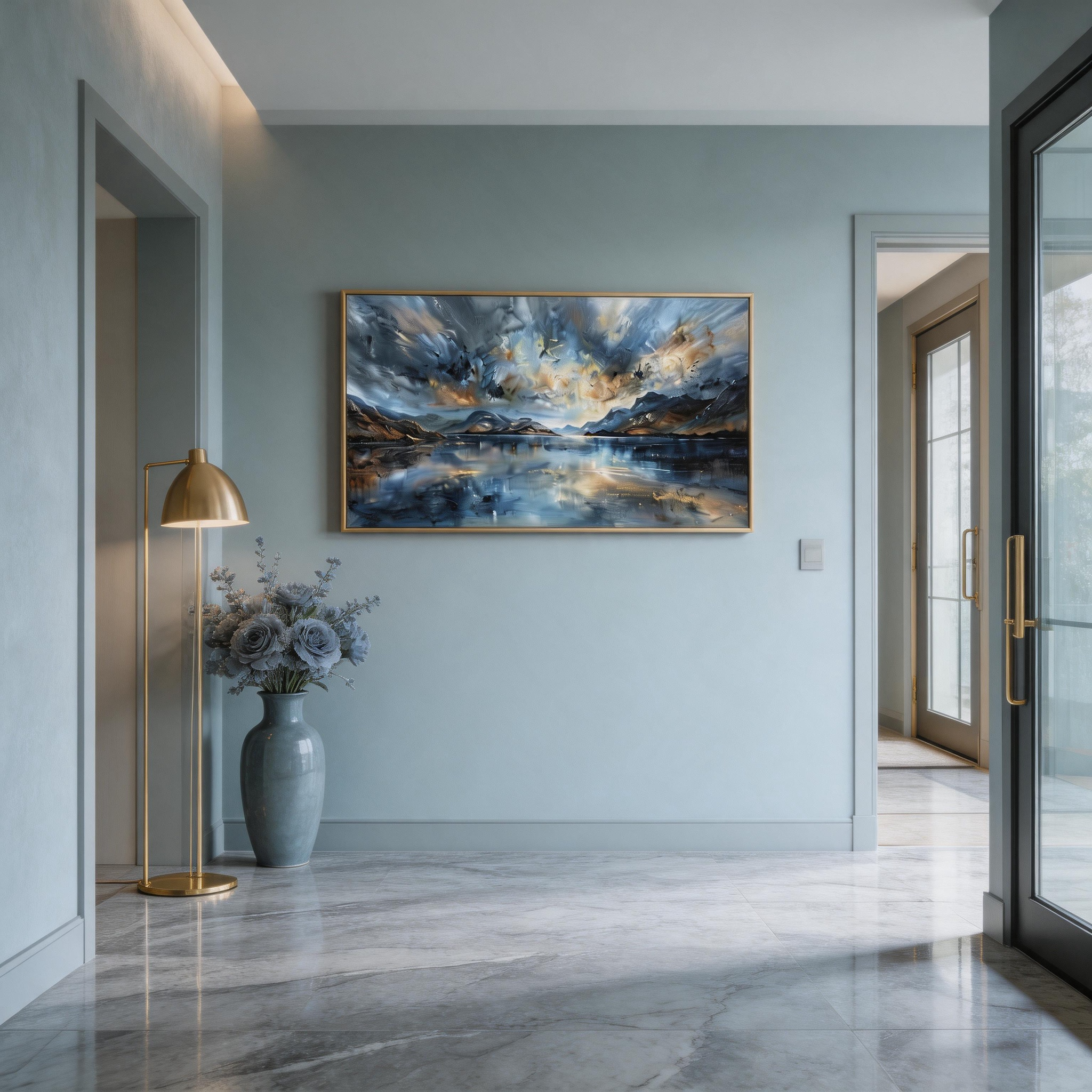 Steel Sky & Gold Light — Wide Format Mountain Lake Canvas Print with Storm Clouds #MA039