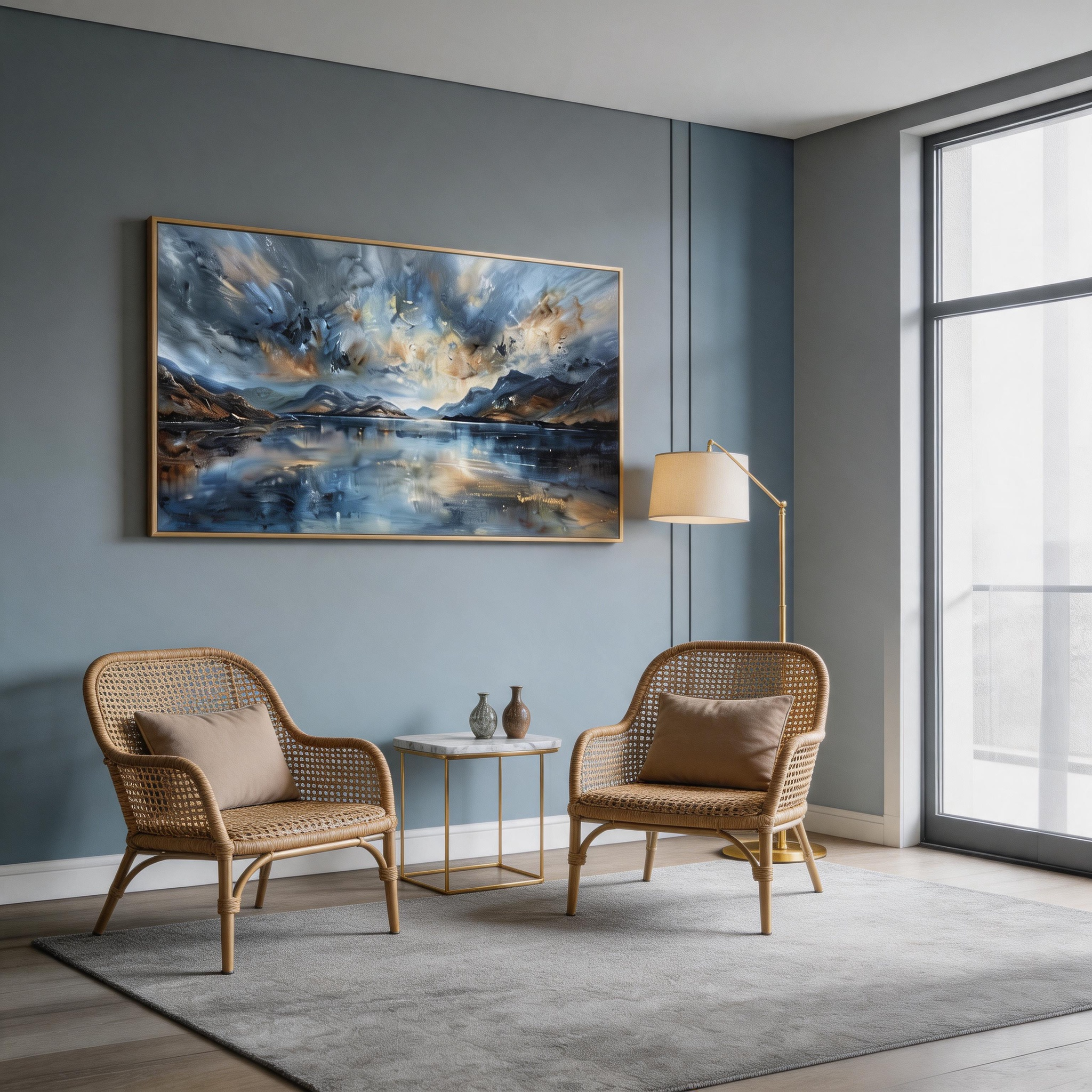 Steel Sky & Gold Light — Wide Format Mountain Lake Canvas Print with Storm Clouds #MA039