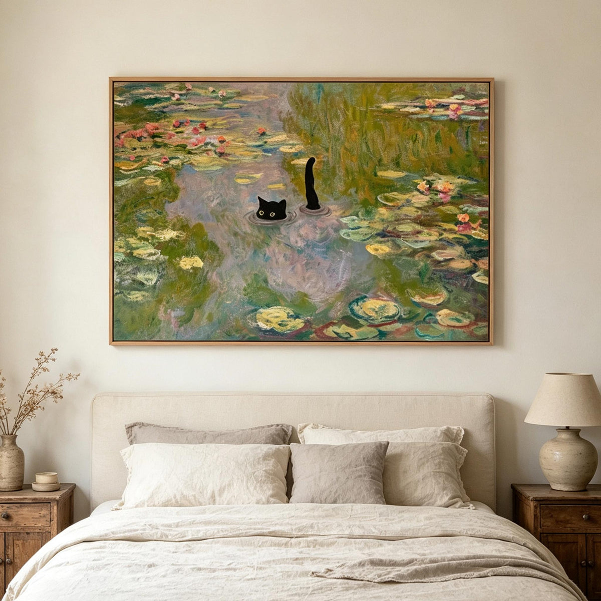 Black Cat in Water Lily Pond Wall Art #AN001