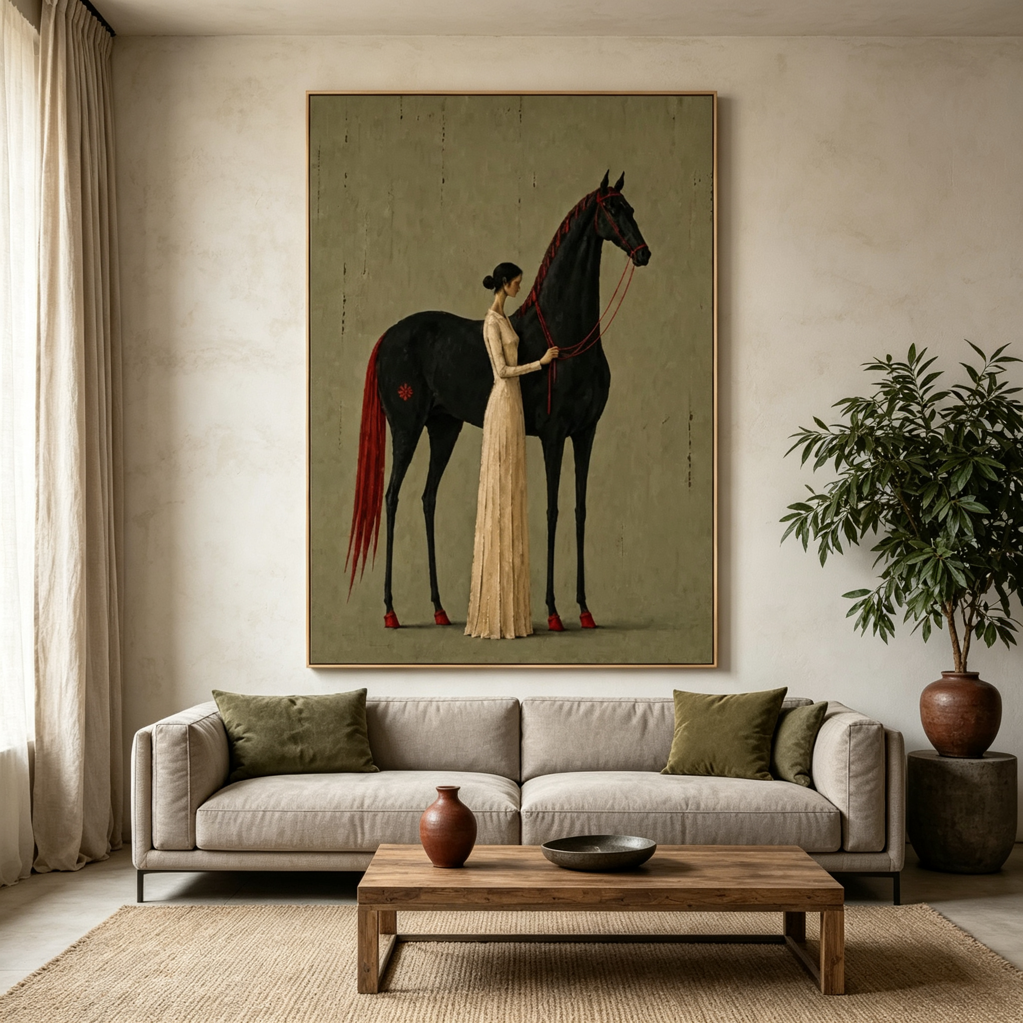 Lady & the Black Stallion – Elegant Equestrian Portrait Painting #HA062