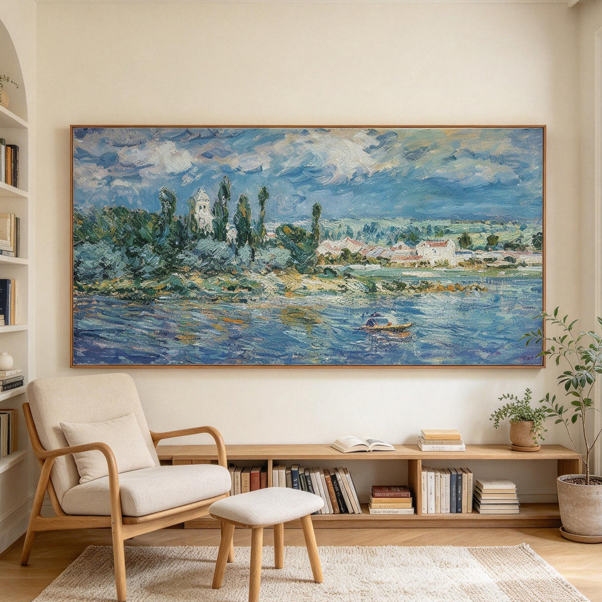 Impressionist Riverside Village Landscape Wall Art #LS068