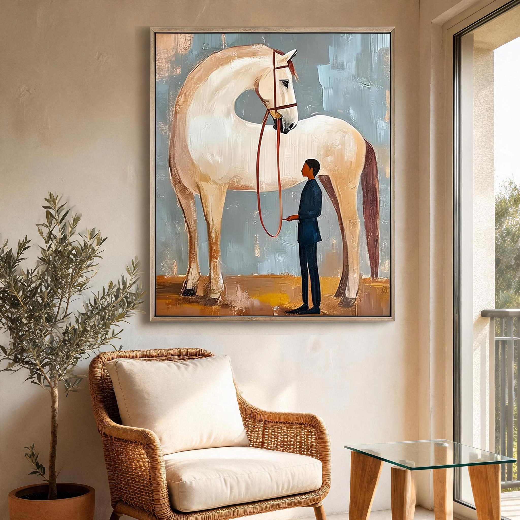 Quiet Bond Horse Wall Art | Minimalist Equestrian Oil Painting #HA050
