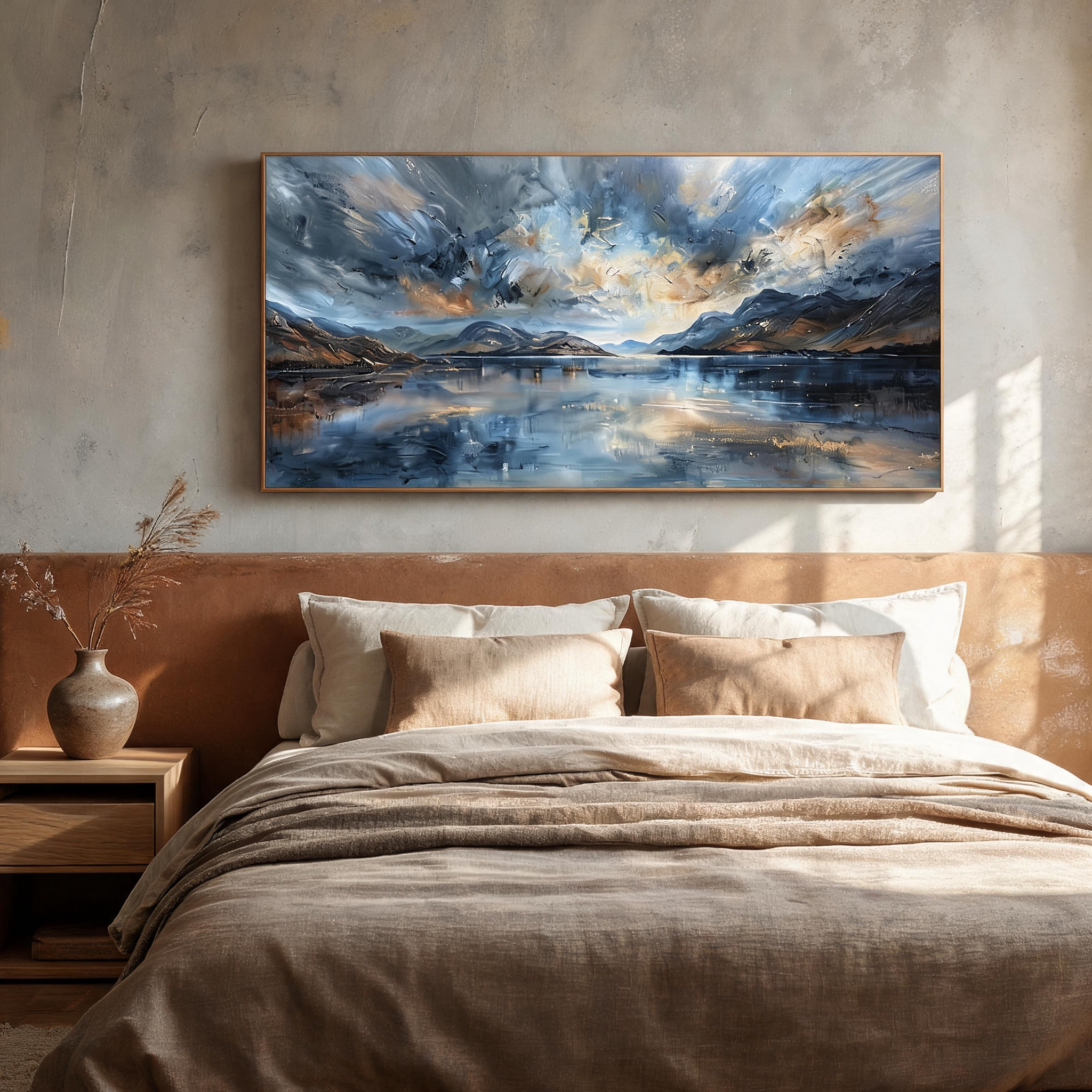 Steel Sky & Gold Light — Wide Format Mountain Lake Canvas Print with Storm Clouds #MA039