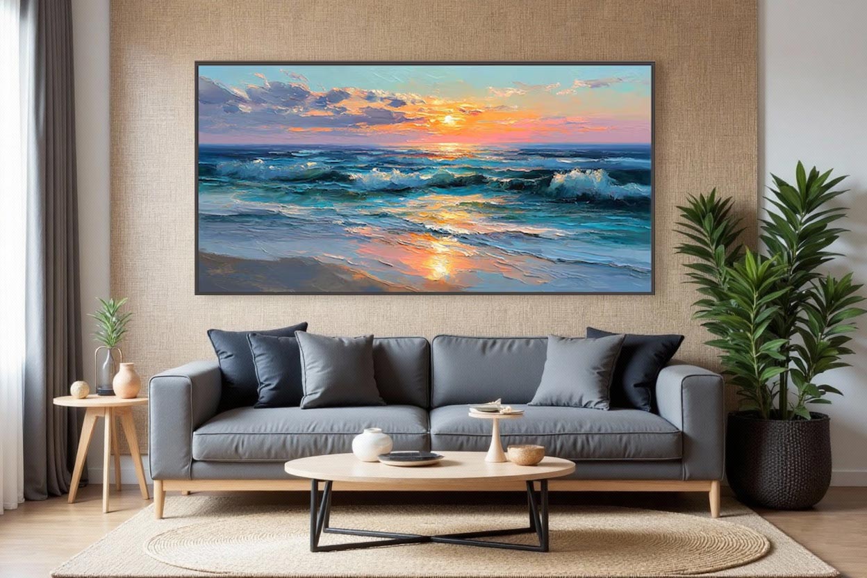Sunset Ocean Wave Wall Art Canvas – Panoramic Coastal Seascape Painting #AT038