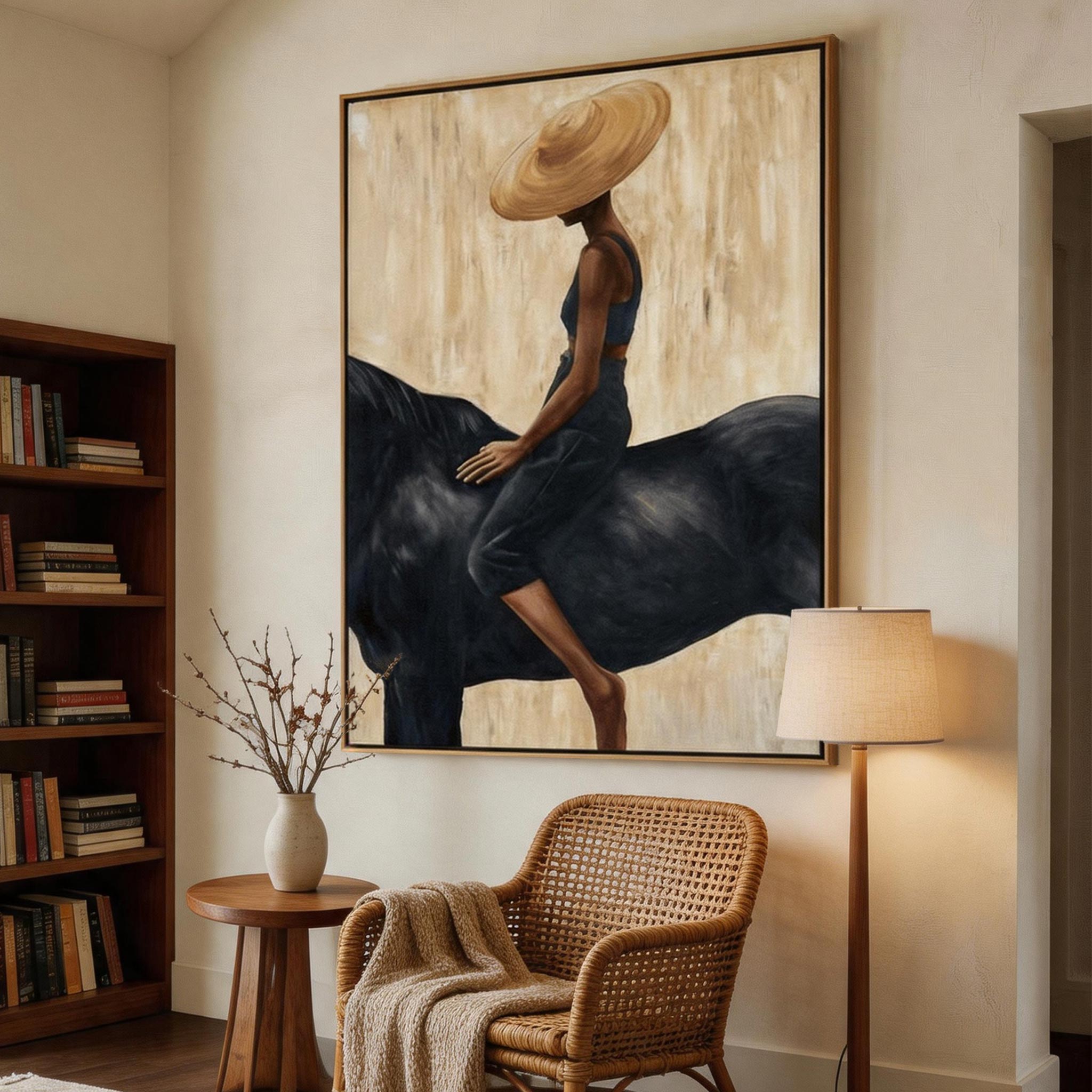 The Hat — Elegant Woman Figure Canvas Wall Art in Black & Gold #HA036