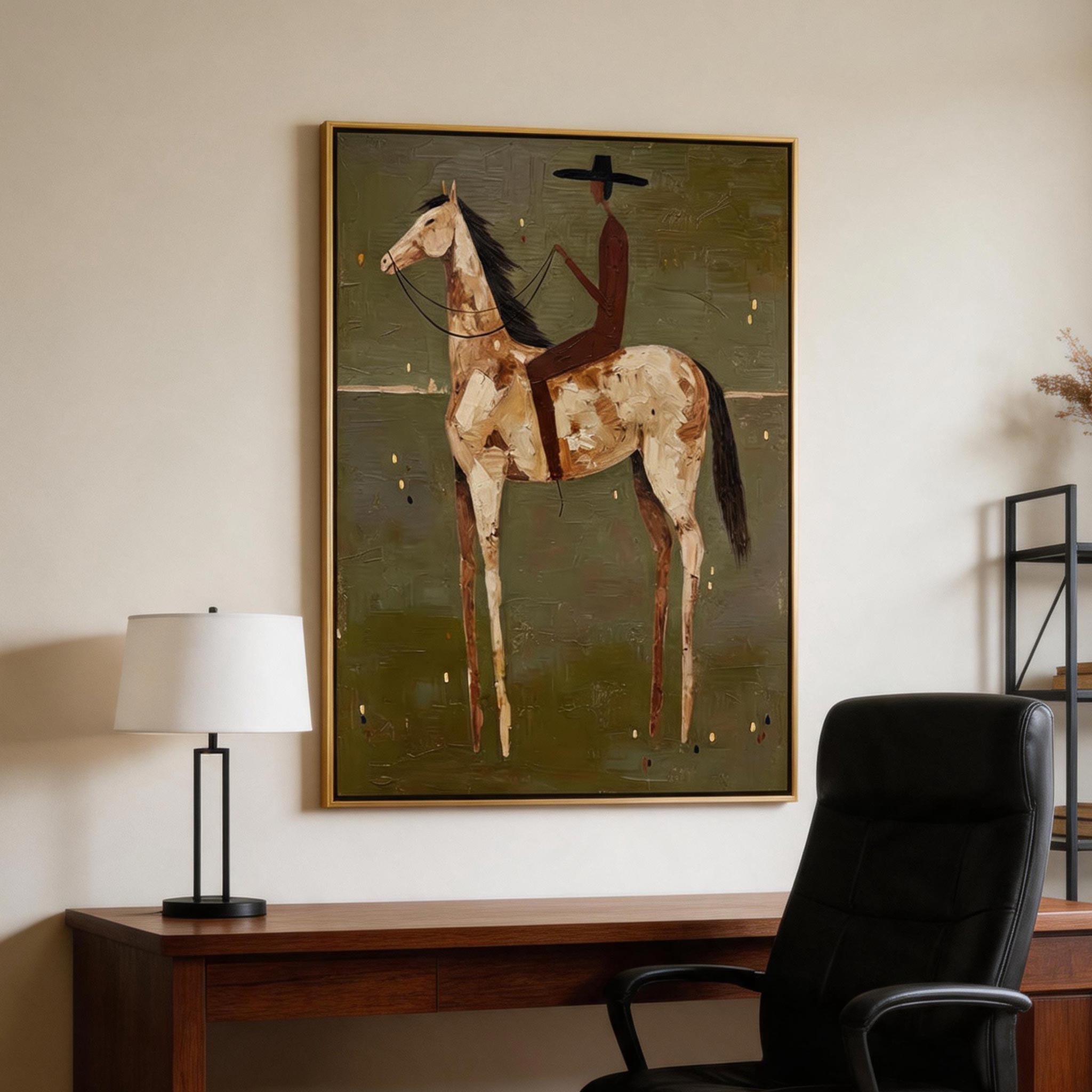 Paint Horse Rider — Folk Art Equestrian Canvas Wall Art, Olive #HA042