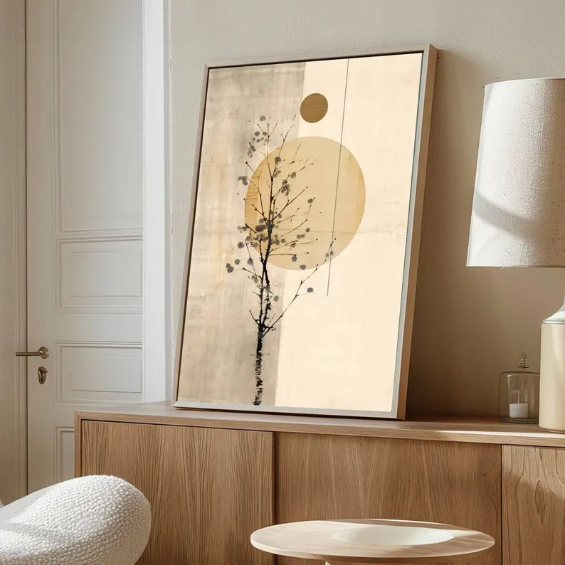 Minimalist Tree Wall Art with Sun – Modern Neutral Canvas Painting #MA029