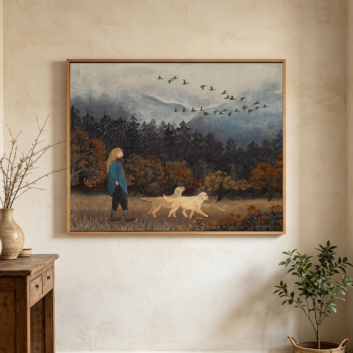 Autumn Walk with Dogs Landscape Wall Art #AN002