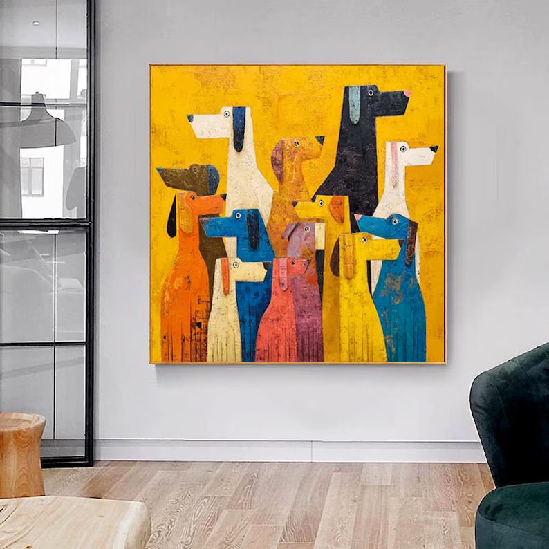 Abstract Colorful Dogs Canvas Painting — Original Whimsical Animal Wall Art #CP037