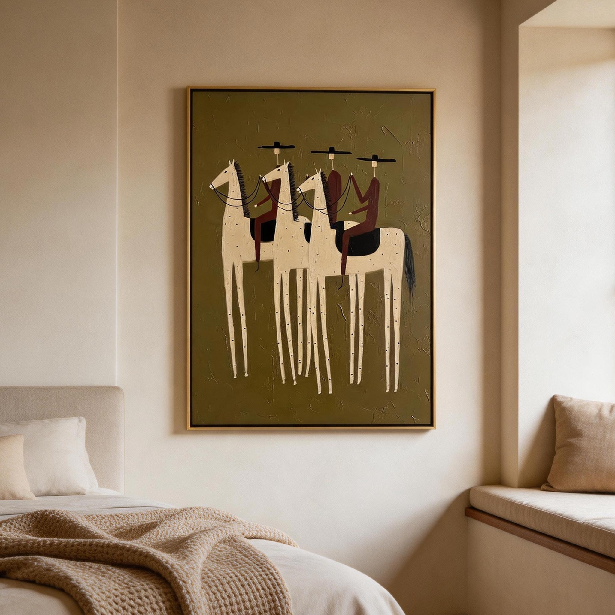 The Three Riders — Folk Art Equestrian Canvas Wall Art, Olive #HA045