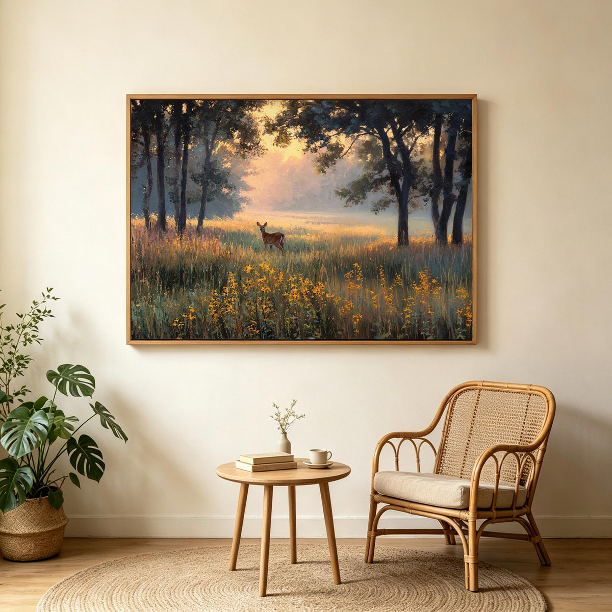 Deer in Golden Woodland Landscape Wall Art #AN003