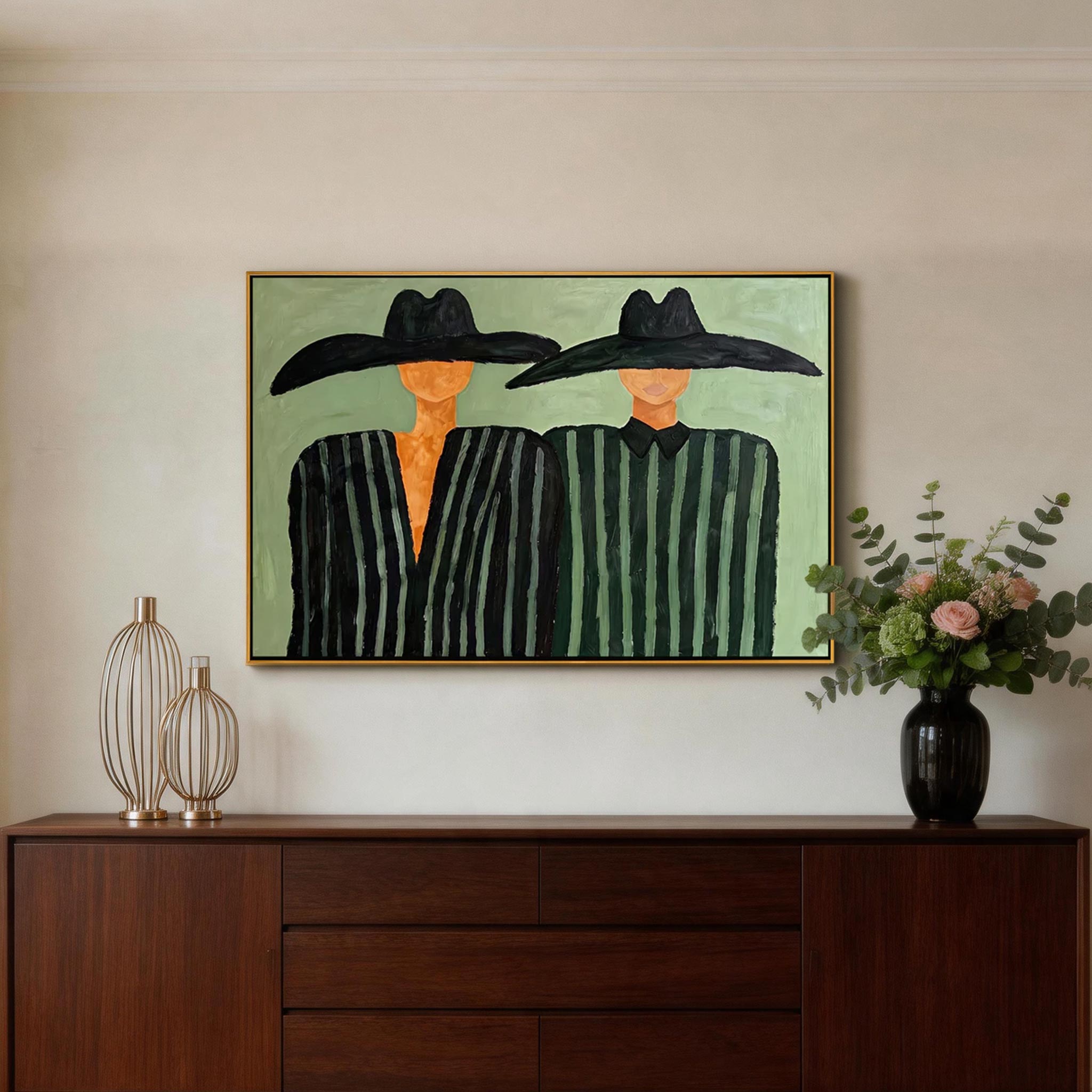Hat & Stripe — Bold Duo Figure Canvas Wall Art, Mint Green #CP059