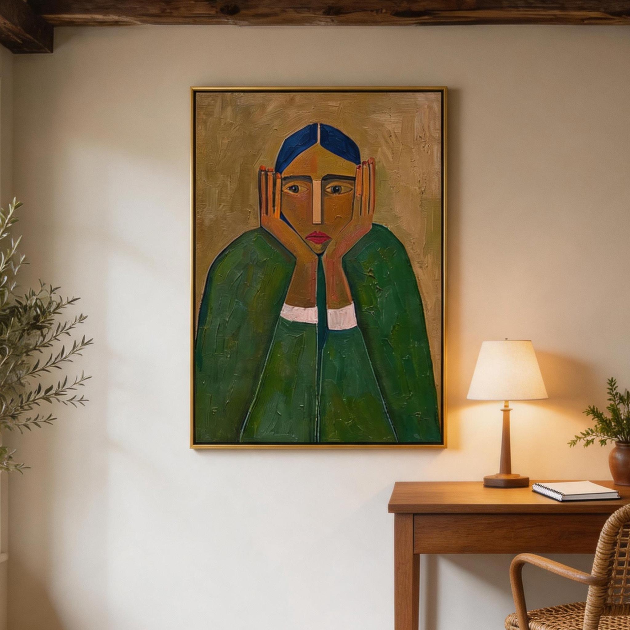 Seen — Frontal Woman Portrait Canvas Wall Art, Green & Gold #GT011