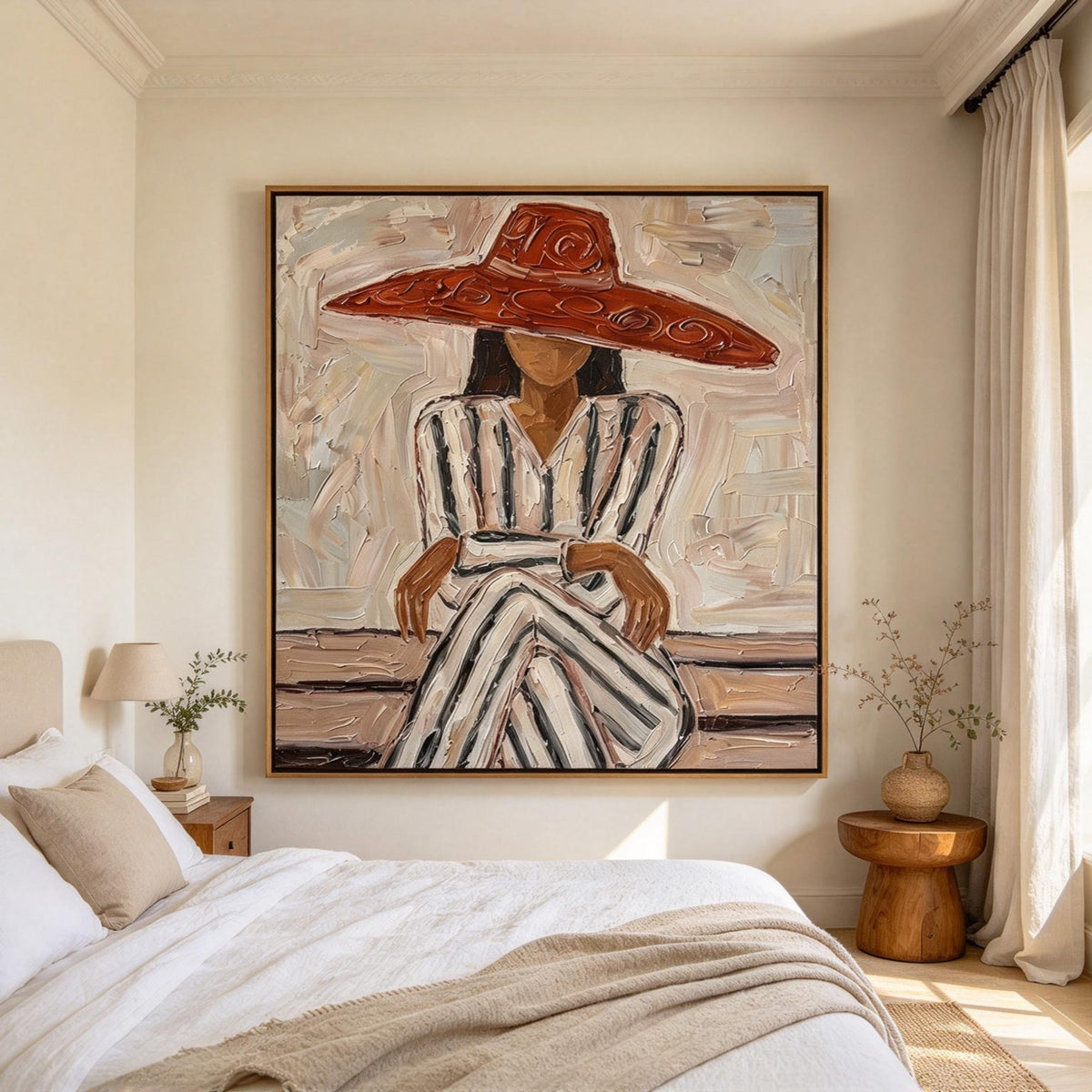 Red Hat Lady Textured Oil Painting | Neutral Fashion Wall Art #CA011