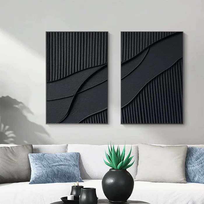 Black Plaster Art Minimalist Textured Painting Set of 2 #BT011