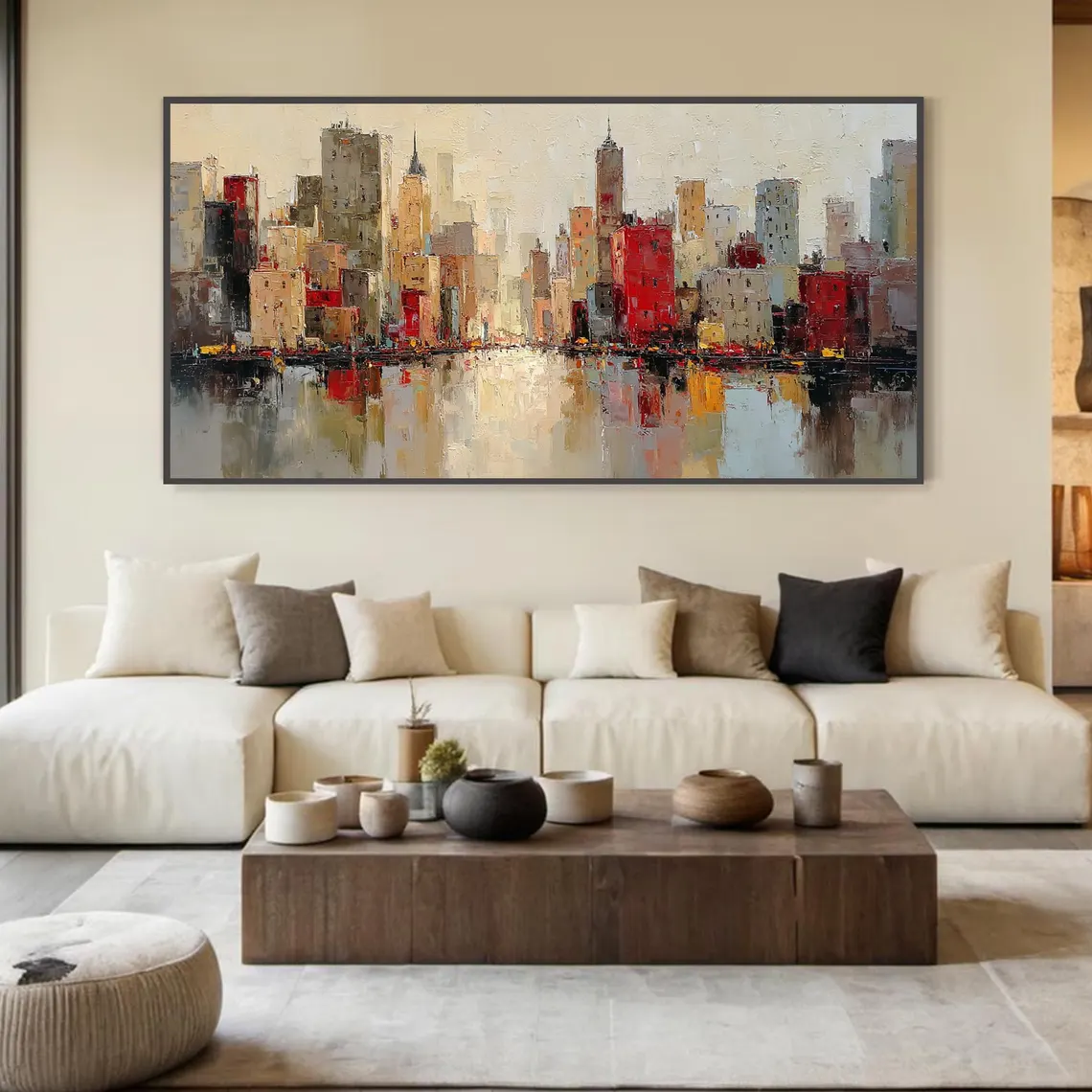 Manhattan in Bloom — Wide Format Palette Knife Cityscape Canvas with Red & Warm Tones #MA037