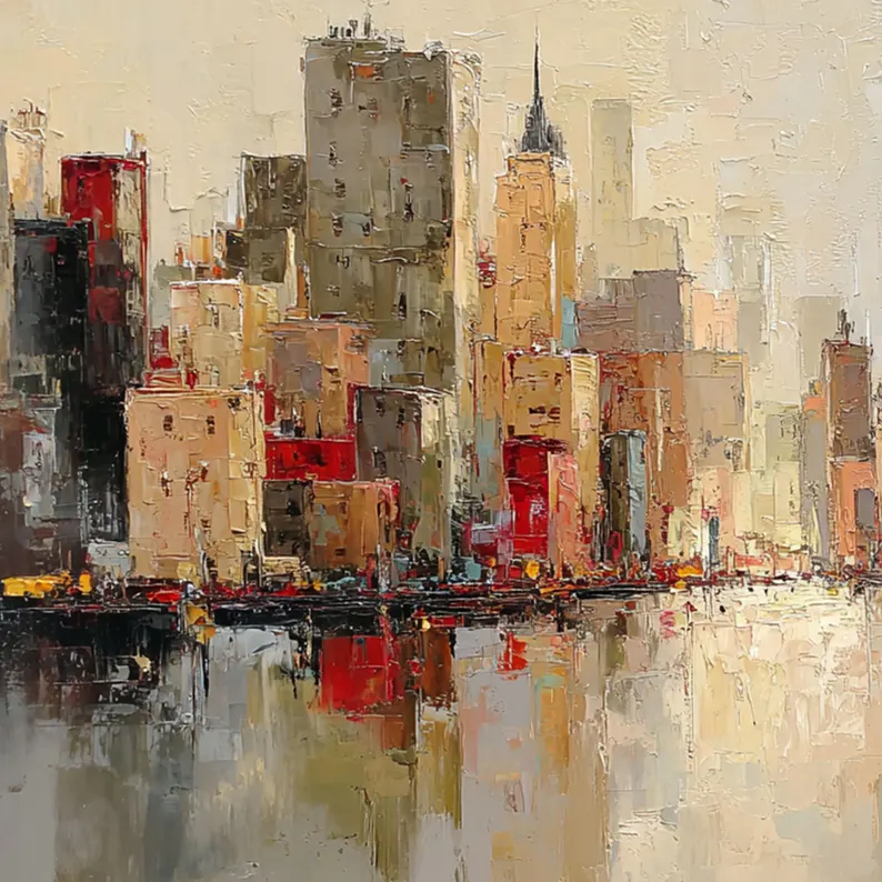 Manhattan in Bloom — Wide Format Palette Knife Cityscape Canvas with Red & Warm Tones #MA037