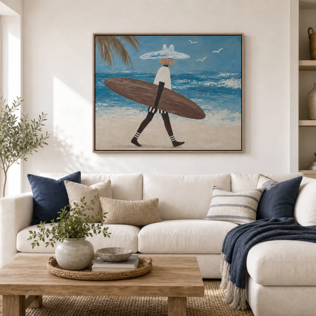 Walking Surfer Canvas Print | Textured Coastal Wall Art #SF002