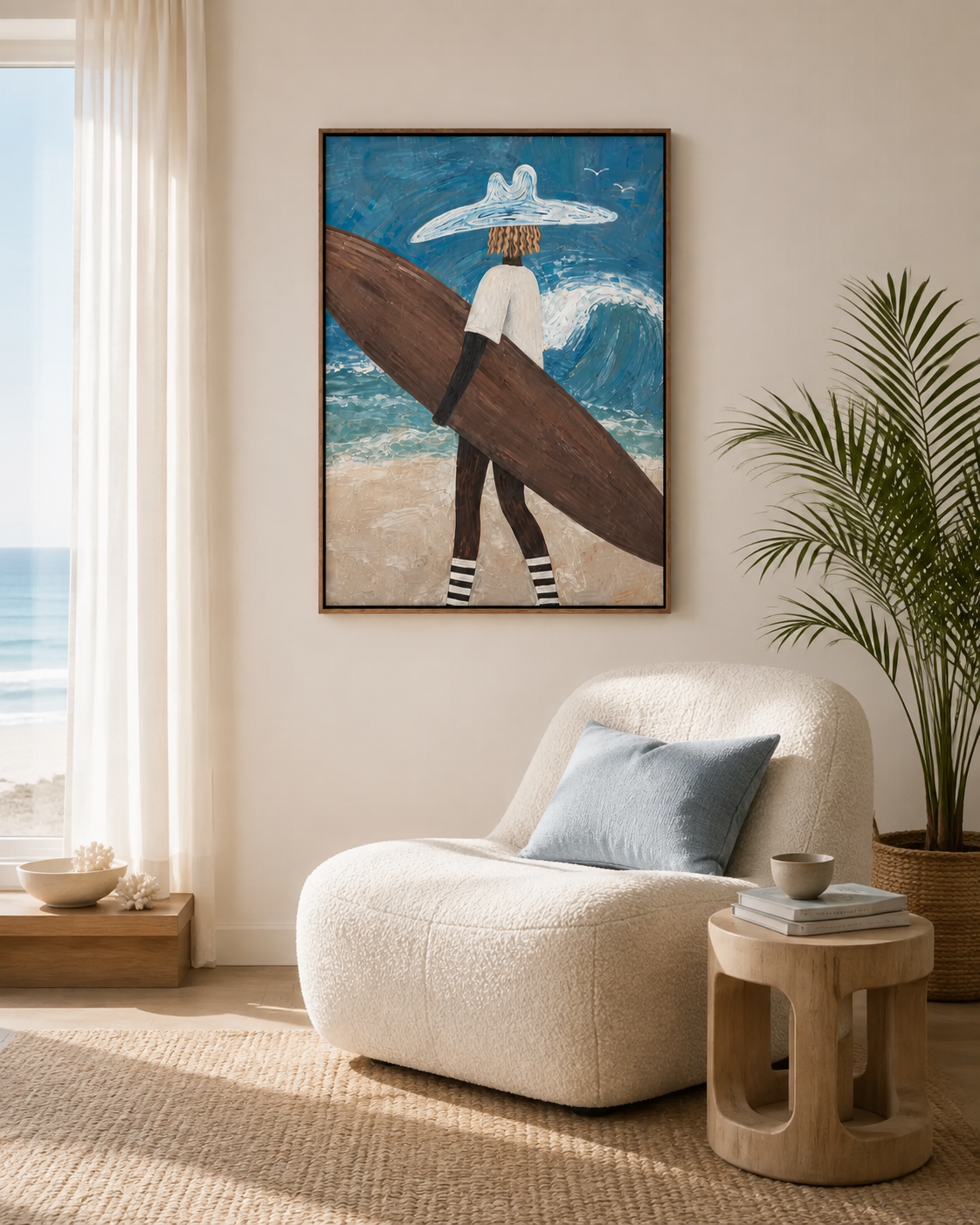 Palm & Surfer Textured Canvas Print — Framed Coastal Wall Art #SF004